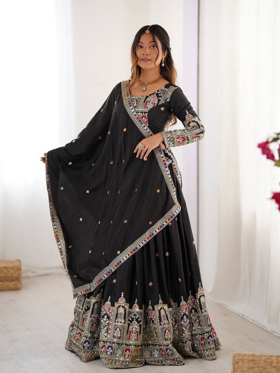 Black Elegant French Crepe Semi-Stitched Lehenga with Multi-Thread & Sequins Embroidery, Unstitched Choli, and Matching Embroidered Dupatta