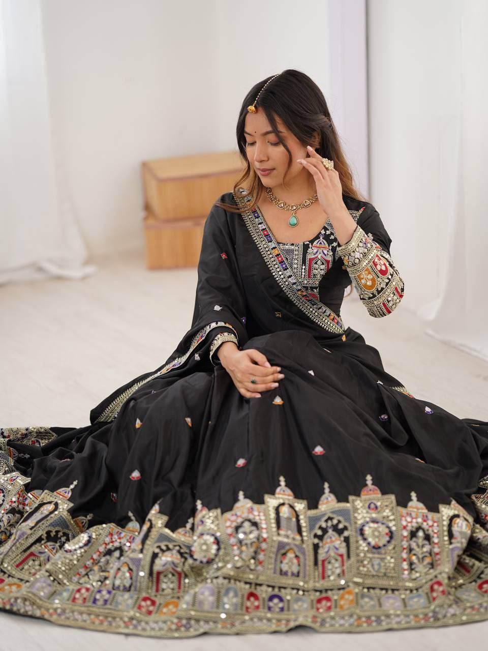 Black Elegant French Crepe Semi-Stitched Lehenga with Multi-Thread & Sequins Embroidery, Unstitched Choli, and Matching Embroidered Dupatta