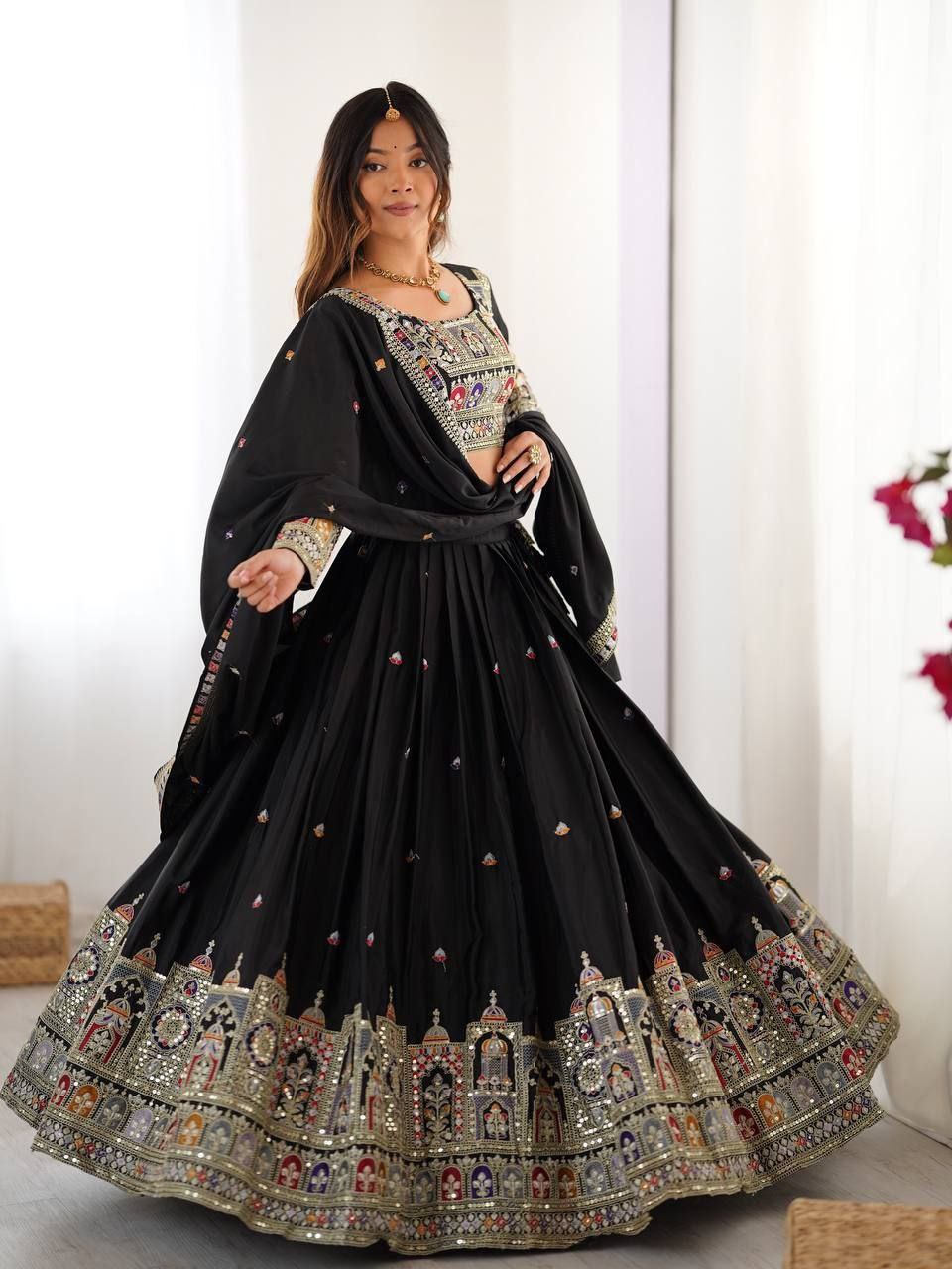 Black Elegant French Crepe Semi-Stitched Lehenga with Multi-Thread & Sequins Embroidery, Unstitched Choli, and Matching Embroidered Dupatta