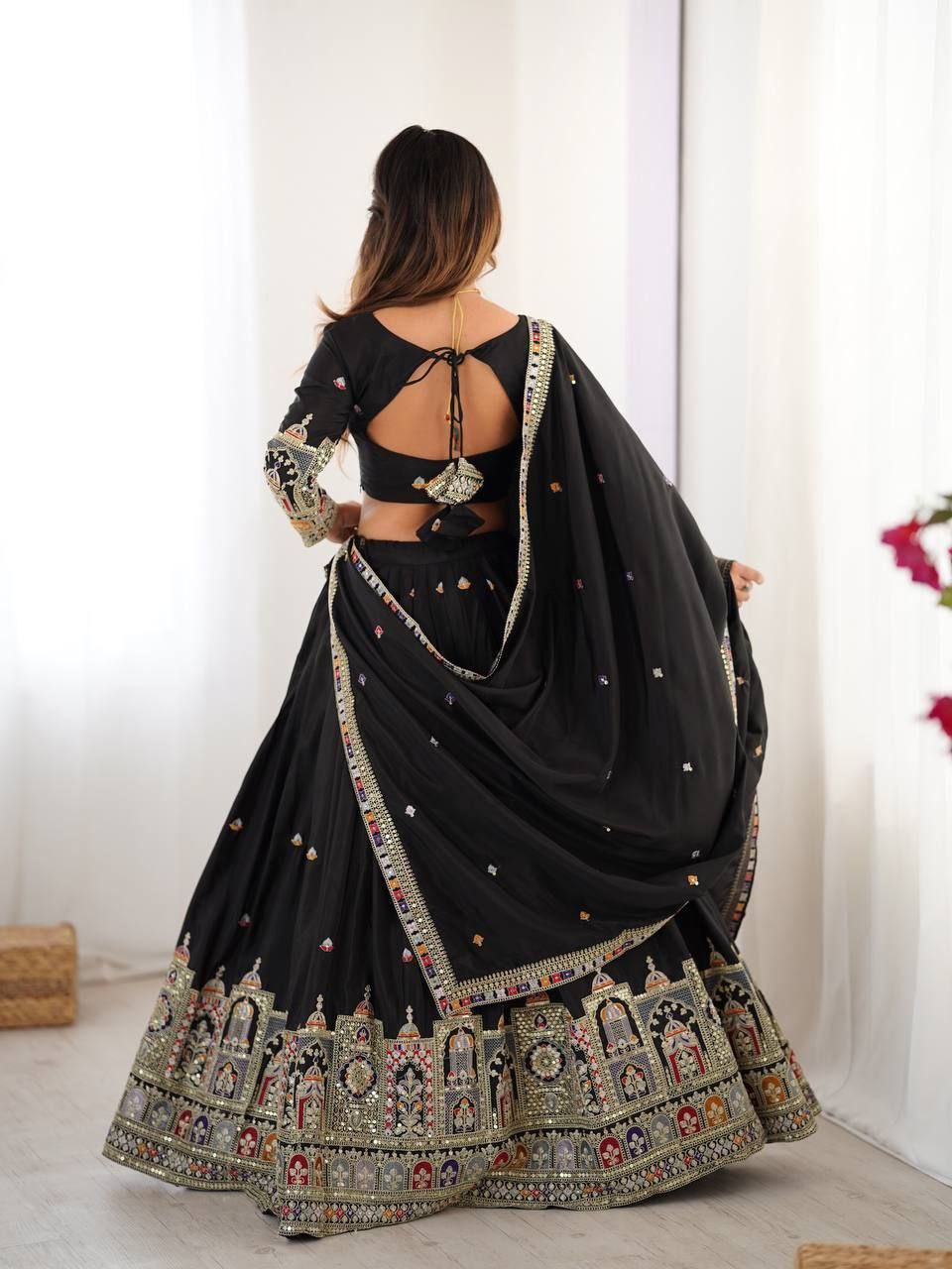Black Elegant French Crepe Semi-Stitched Lehenga with Multi-Thread & Sequins Embroidery, Unstitched Choli, and Matching Embroidered Dupatta