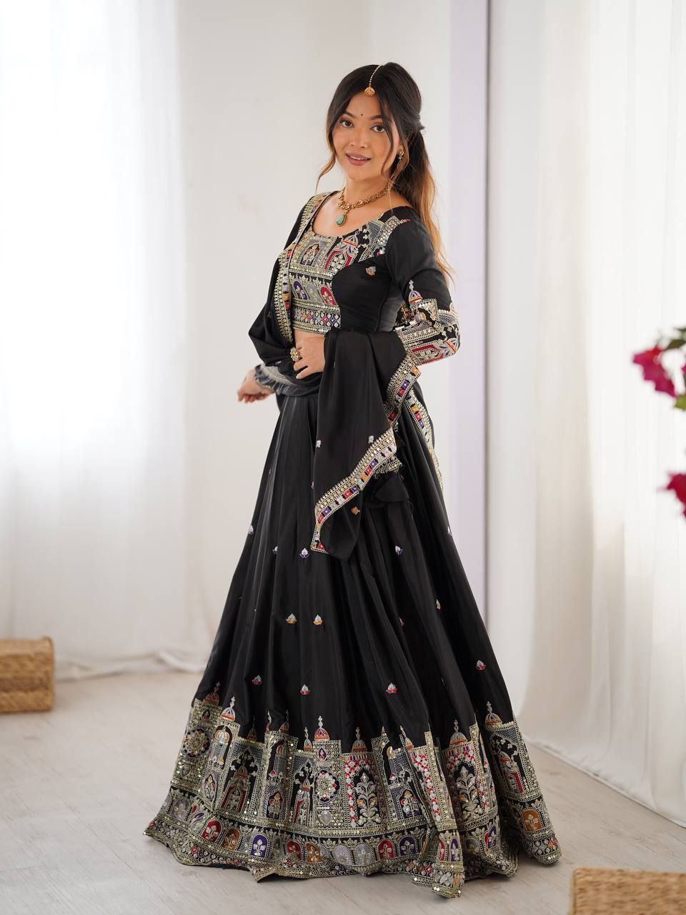 Black Elegant French Crepe Semi-Stitched Lehenga with Multi-Thread & Sequins Embroidery, Unstitched Choli, and Matching Embroidered Dupatta