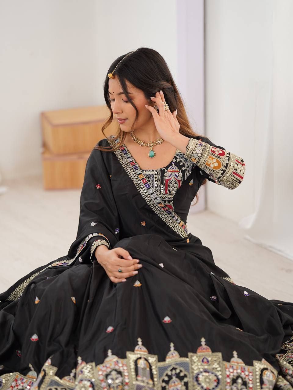 Black Elegant French Crepe Semi-Stitched Lehenga with Multi-Thread & Sequins Embroidery, Unstitched Choli, and Matching Embroidered Dupatta