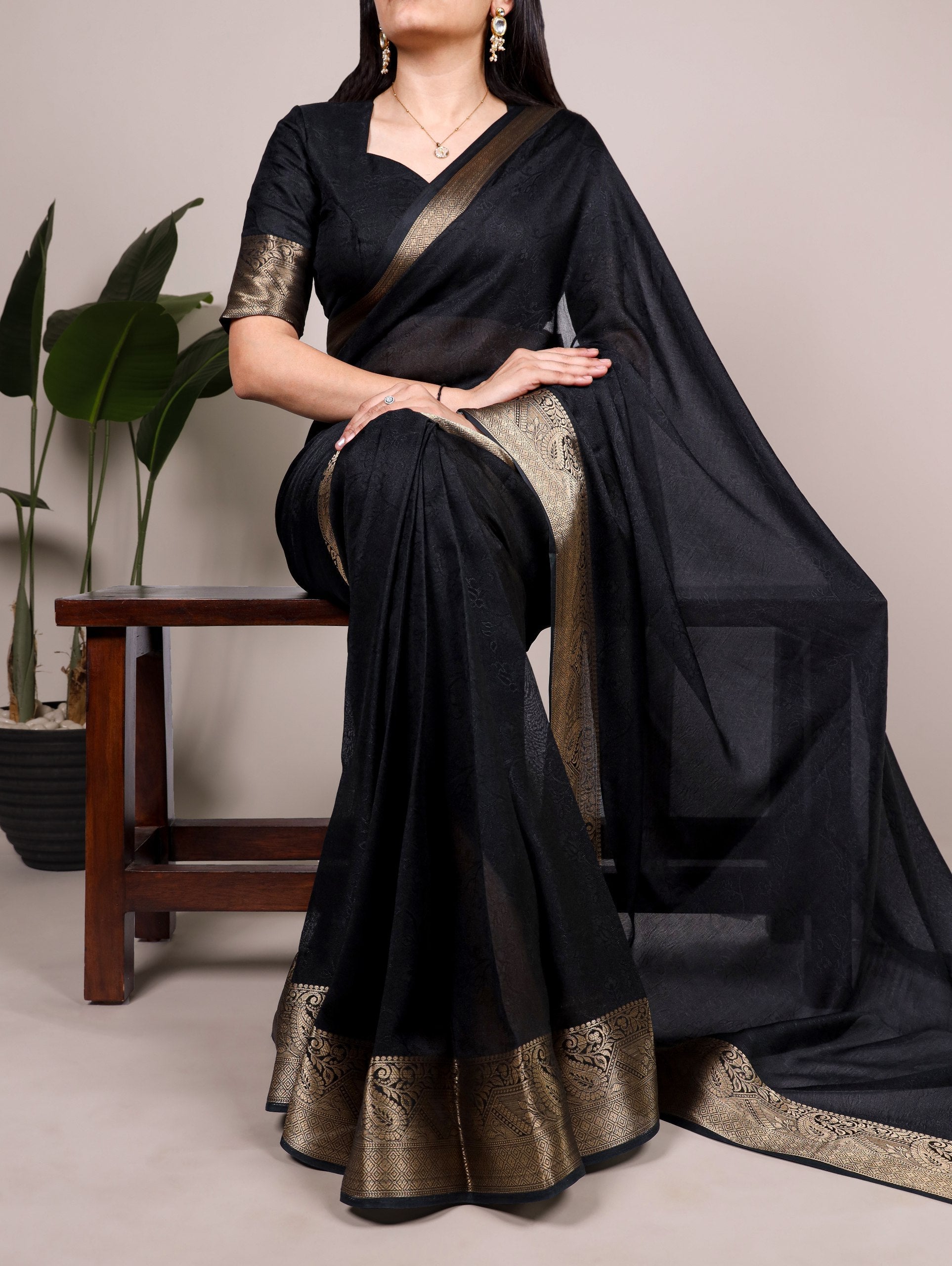 Black Elegant Mass Mello Zari Weaving Saree with Matching Unstitched Blouse – Premium Party & Festive Wear