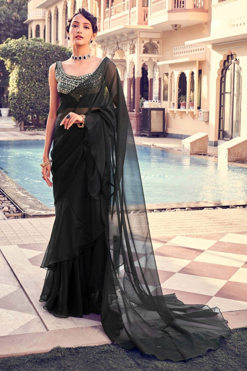 Black Elegant Organza Ruffle Saree with Mirror Work Blouse Piece