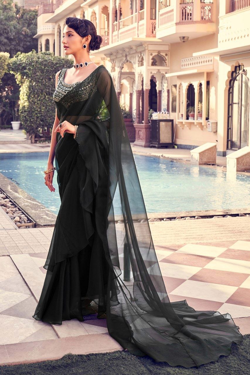 Black Elegant Organza Ruffle Saree with Mirror Work Blouse Piece