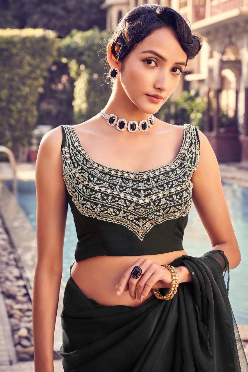 Black Elegant Organza Ruffle Saree with Mirror Work Blouse Piece