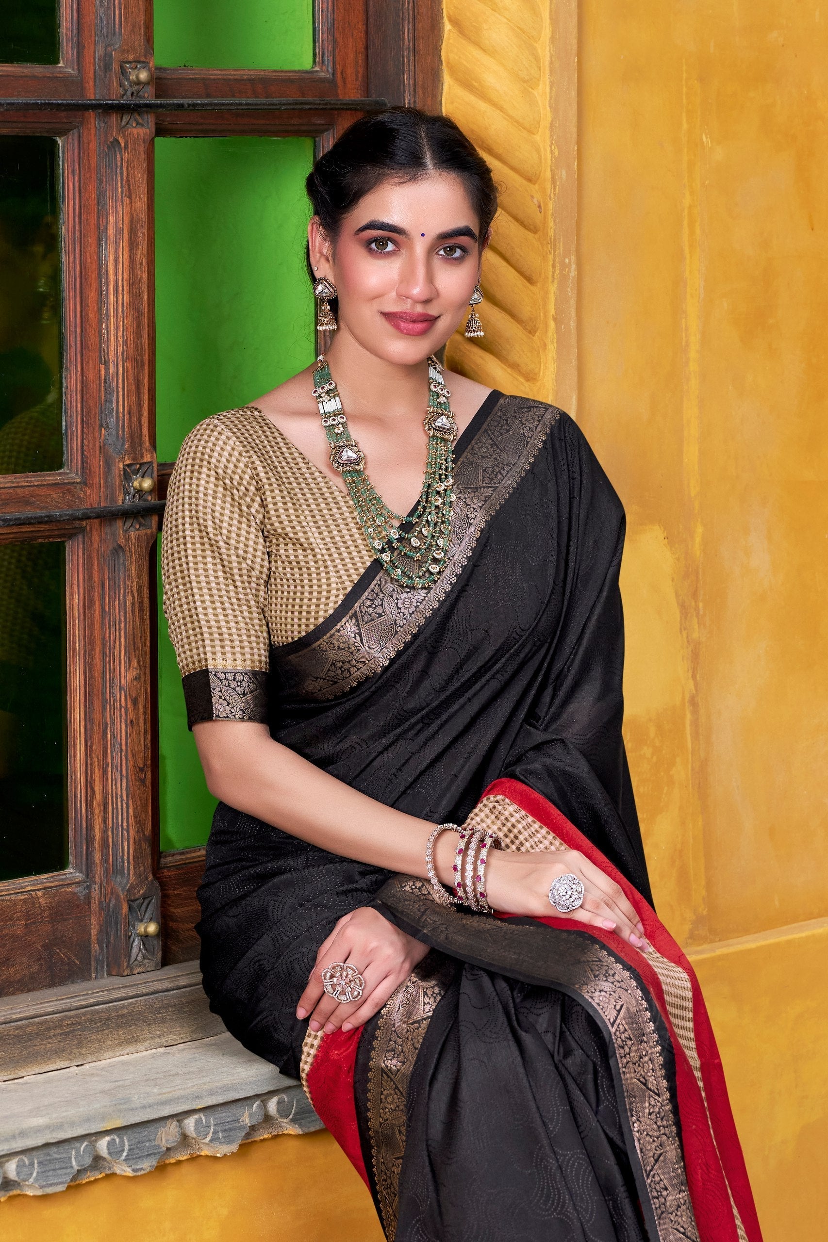 Black Elegant Poly Cotton Saree with Printed & Zari Weaving Work