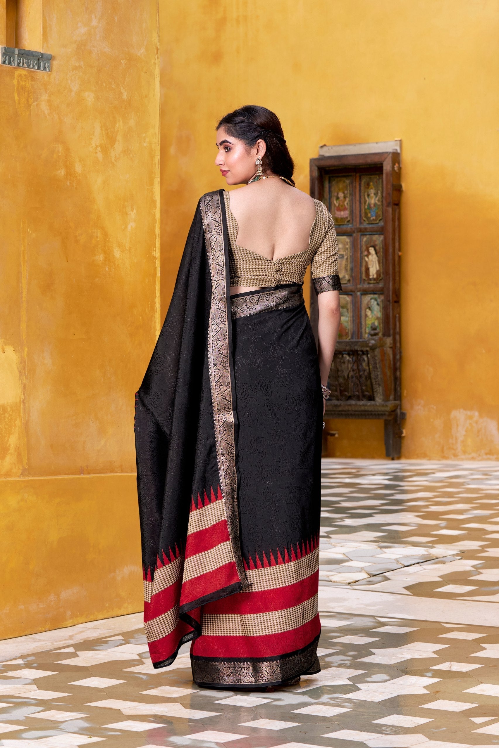 Black Elegant Poly Cotton Saree with Printed & Zari Weaving Work
