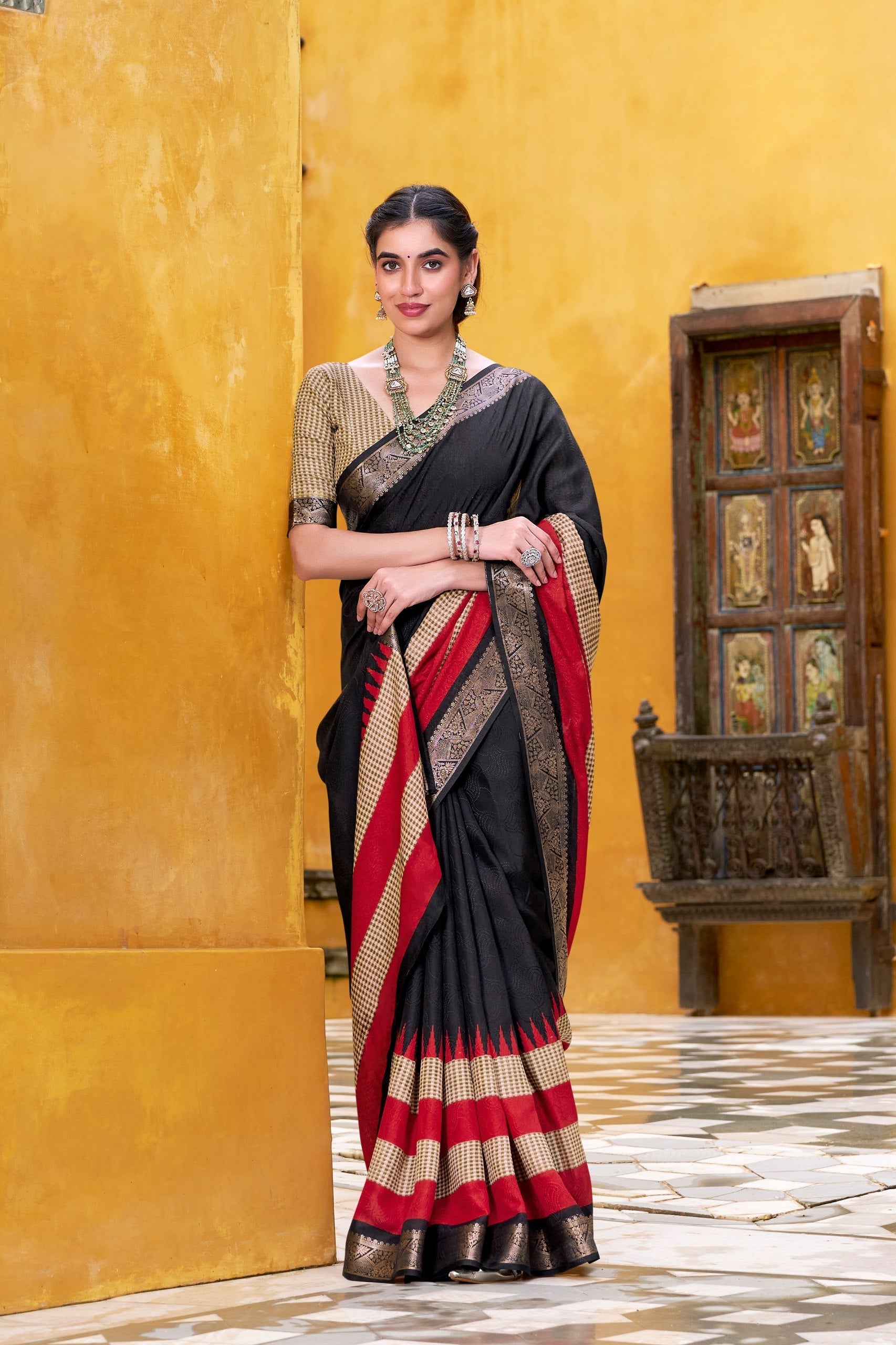 Black Elegant Poly Cotton Saree with Printed & Zari Weaving Work