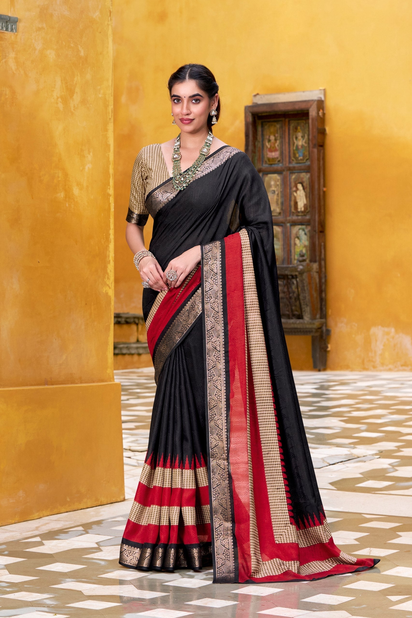 Black Elegant Poly Cotton Saree with Printed & Zari Weaving Work