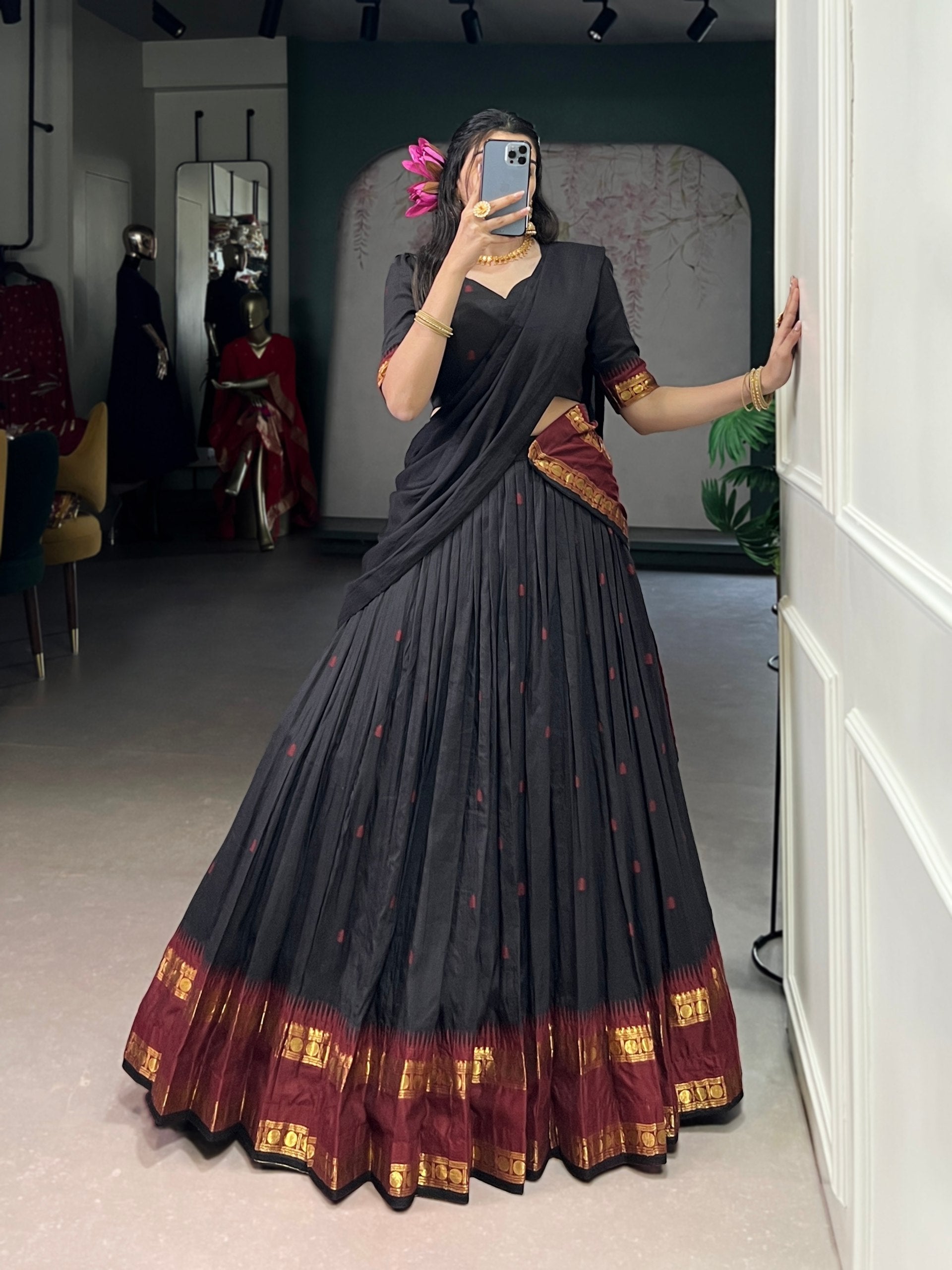 Black Elegant Pure Chanderi Lehenga with Zari Weaving Work – Stitched Lehenga with Unstitched Blouse & Zari Dupatta