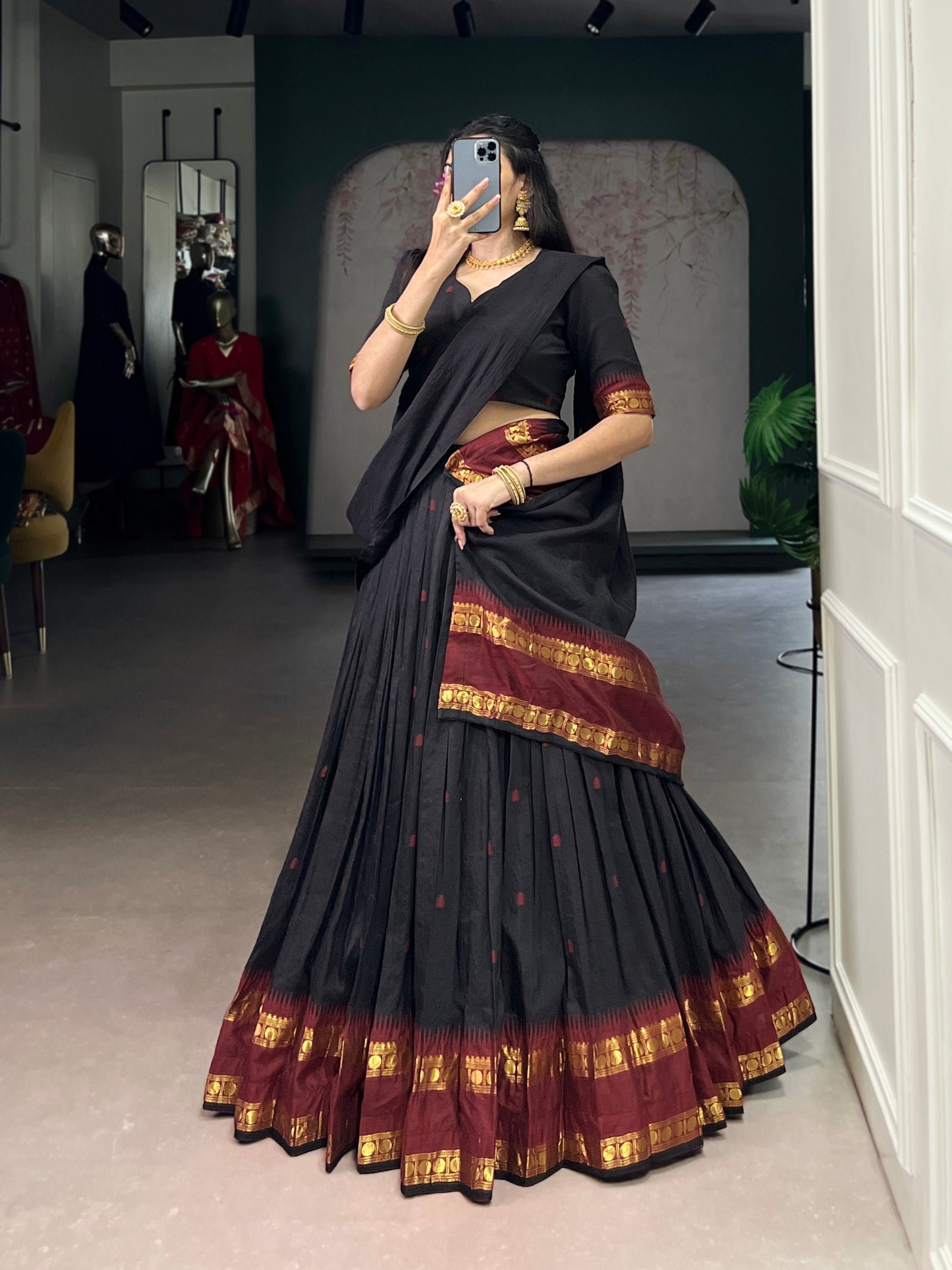Black Elegant Pure Chanderi Lehenga with Zari Weaving Work – Stitched Lehenga with Unstitched Blouse & Zari Dupatta