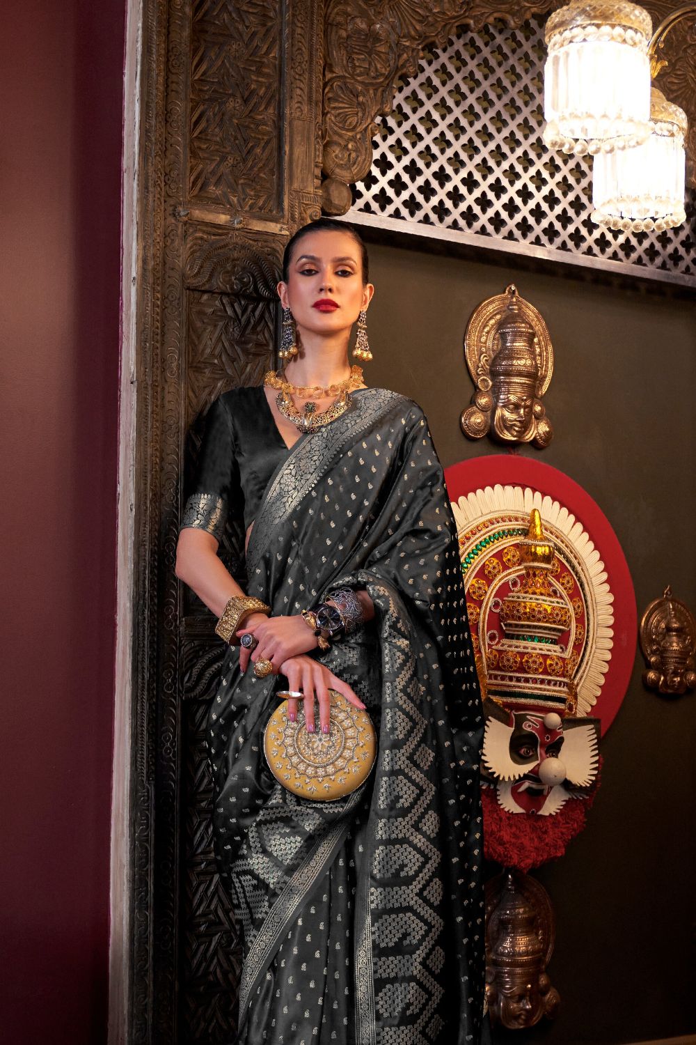 Black Elegant Pure Satin Handloom Saree with Unstitched Blouse Piece