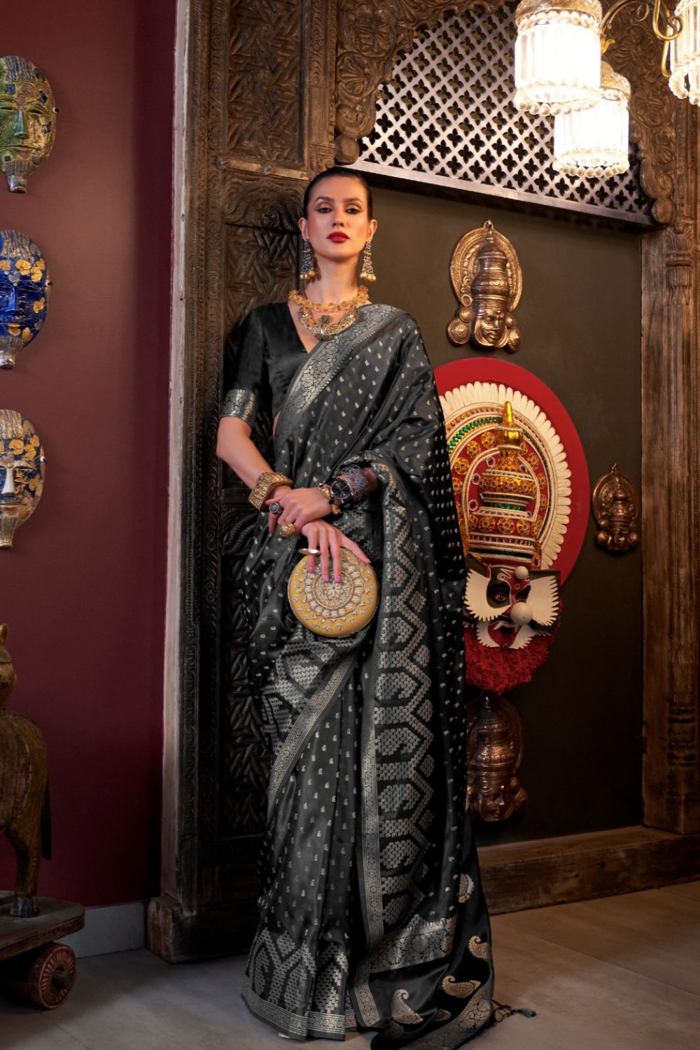 Black Elegant Pure Satin Handloom Saree with Unstitched Blouse Piece