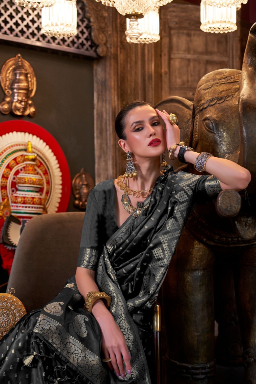 Black Elegant Pure Satin Handloom Saree with Unstitched Blouse Piece