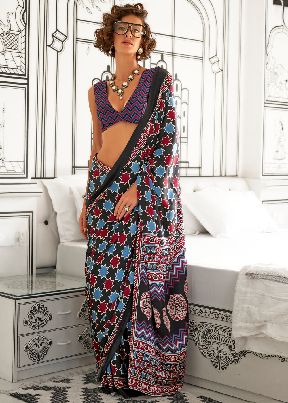 Black Elegant Satin Crepe Saree – Luxurious & Graceful Drape