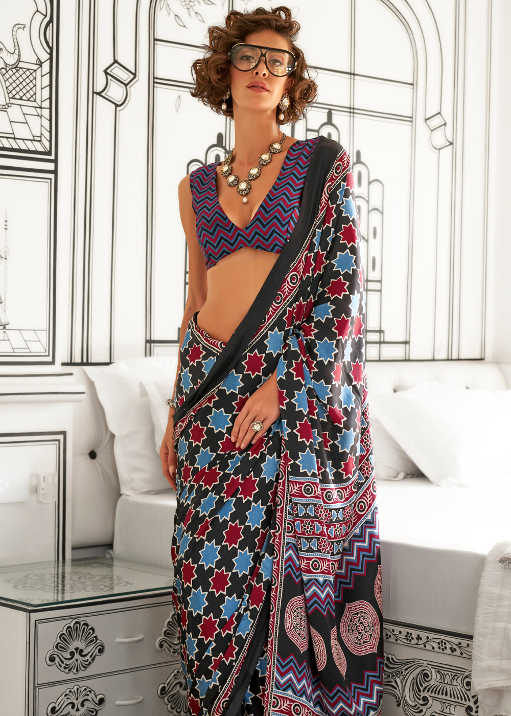 Black Elegant Satin Crepe Saree – Luxurious & Graceful Drape