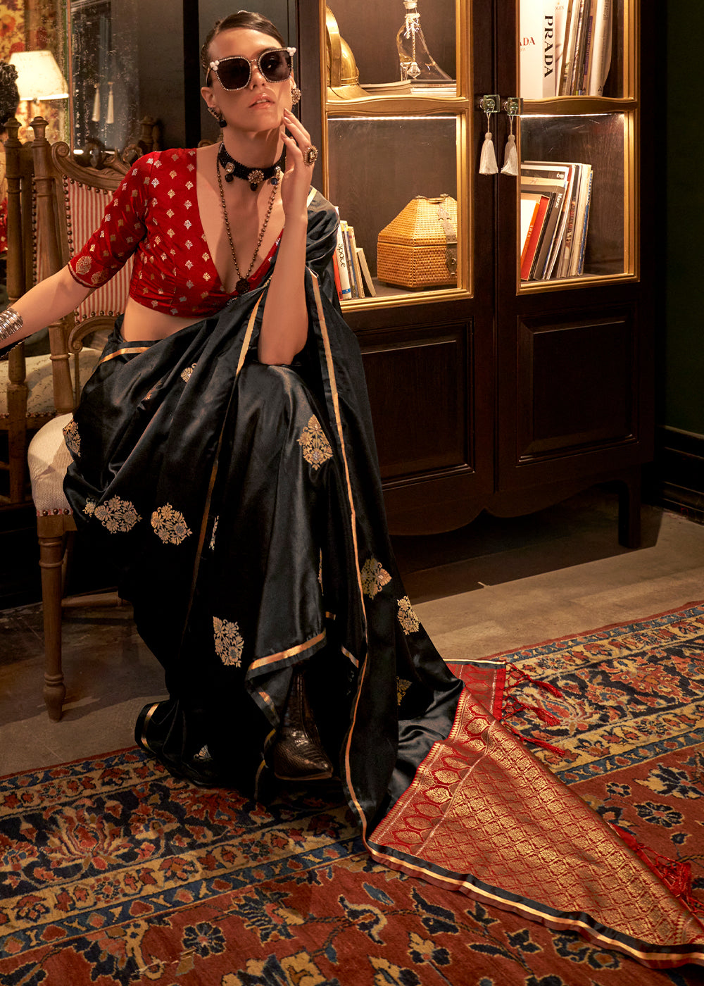 Black Elegant Satin Silk Saree – Evening Cocktail & Dinner Party Wear