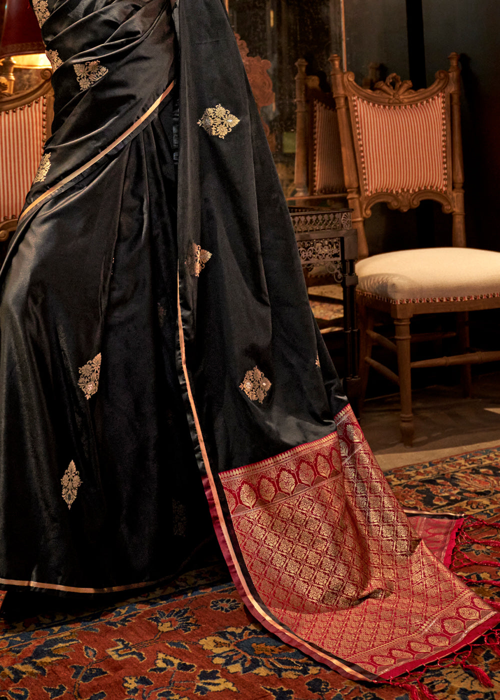 Black Elegant Satin Silk Saree – Evening Cocktail & Dinner Party Wear