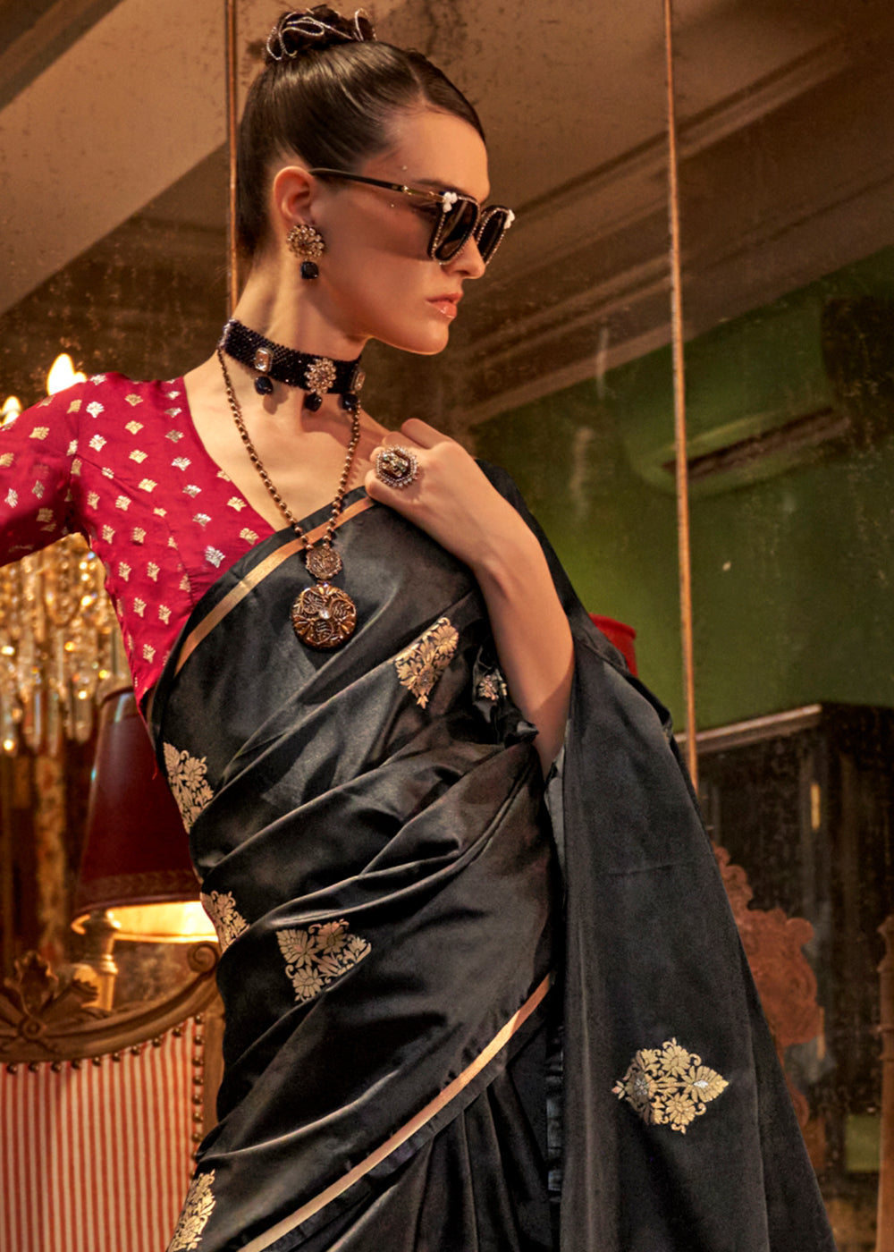 Black Elegant Satin Silk Saree – Evening Cocktail & Dinner Party Wear