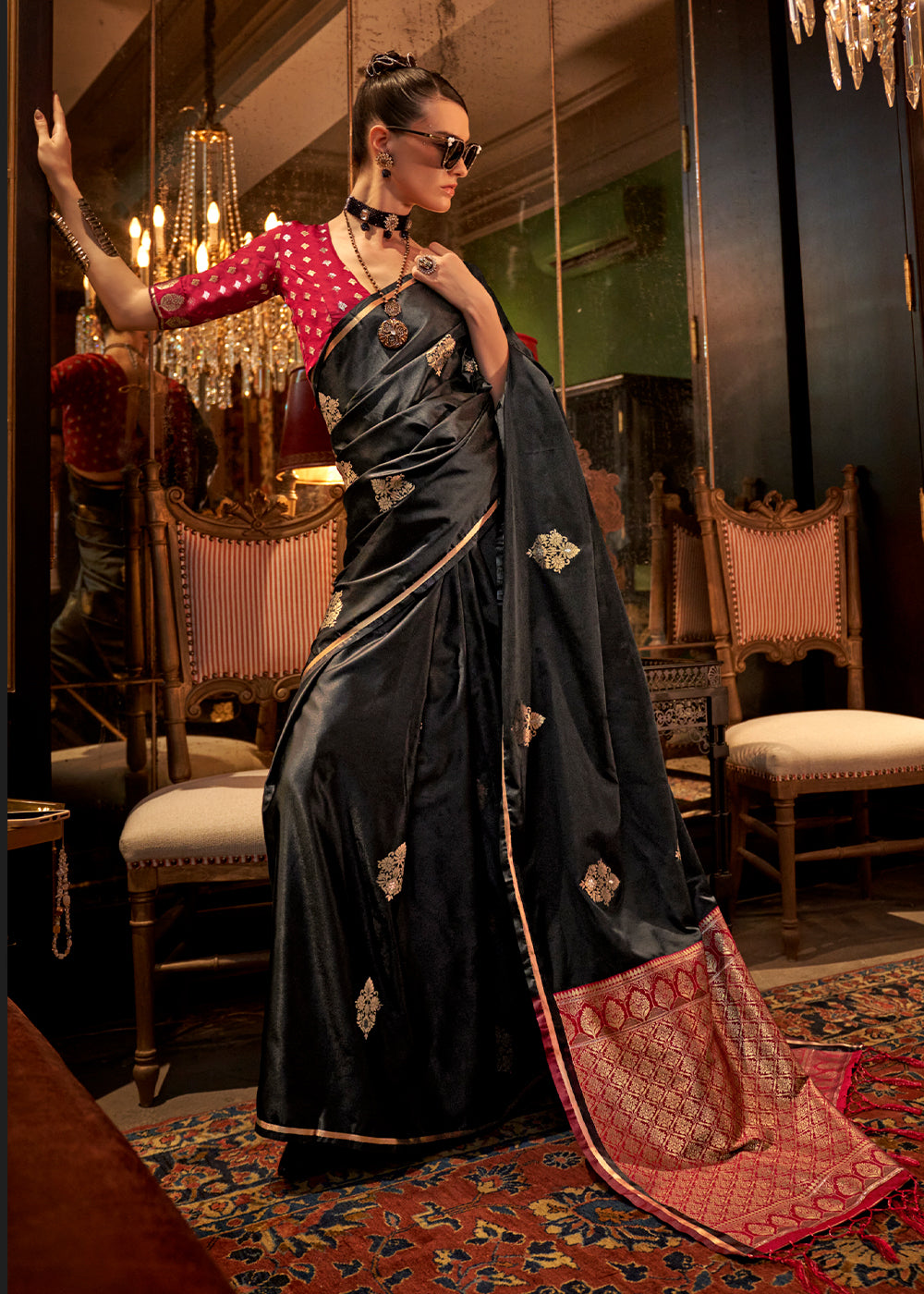Black Elegant Satin Silk Saree – Evening Cocktail & Dinner Party Wear