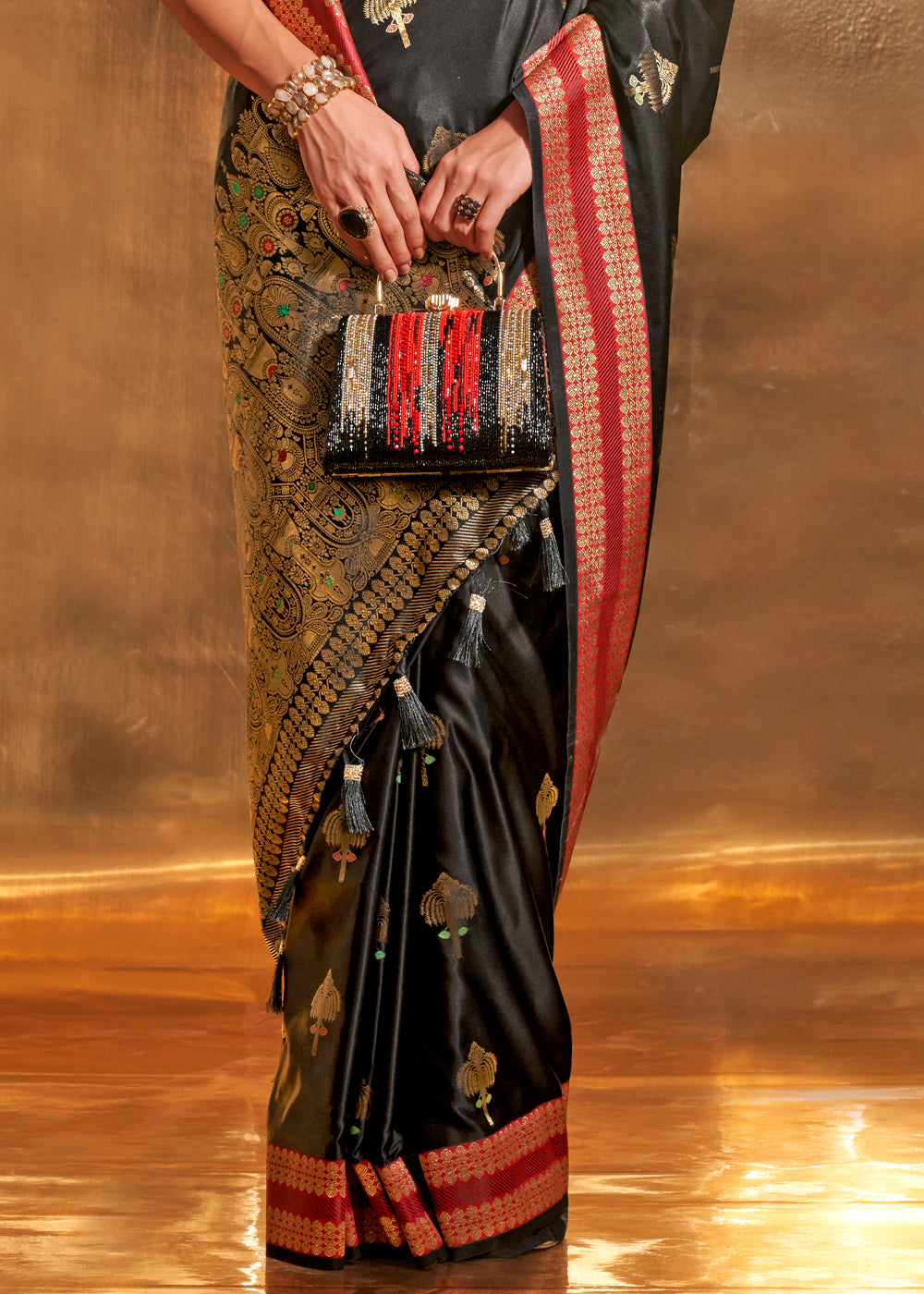 Black Elegant Satin Silk Saree – Luxurious Drape for Every Occasion