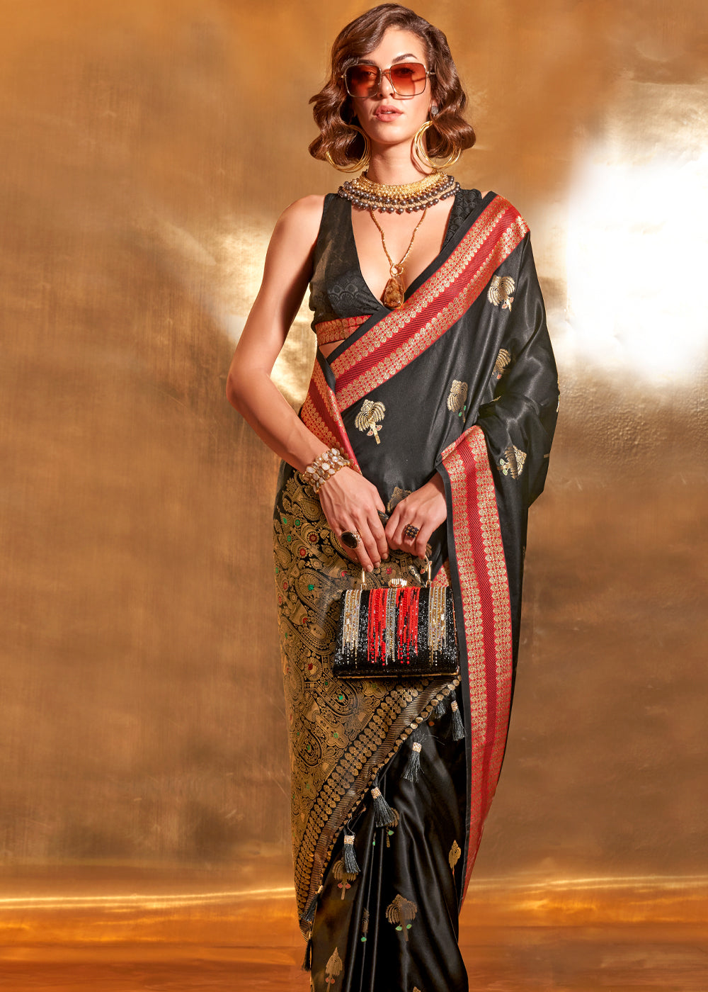 Black Elegant Satin Silk Saree – Luxurious Drape for Every Occasion