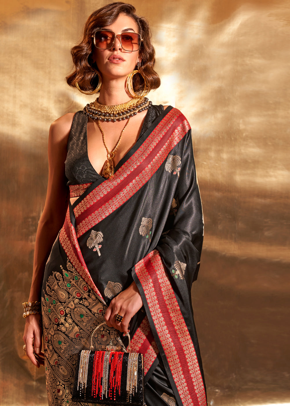 Black Elegant Satin Silk Saree – Luxurious Drape for Every Occasion