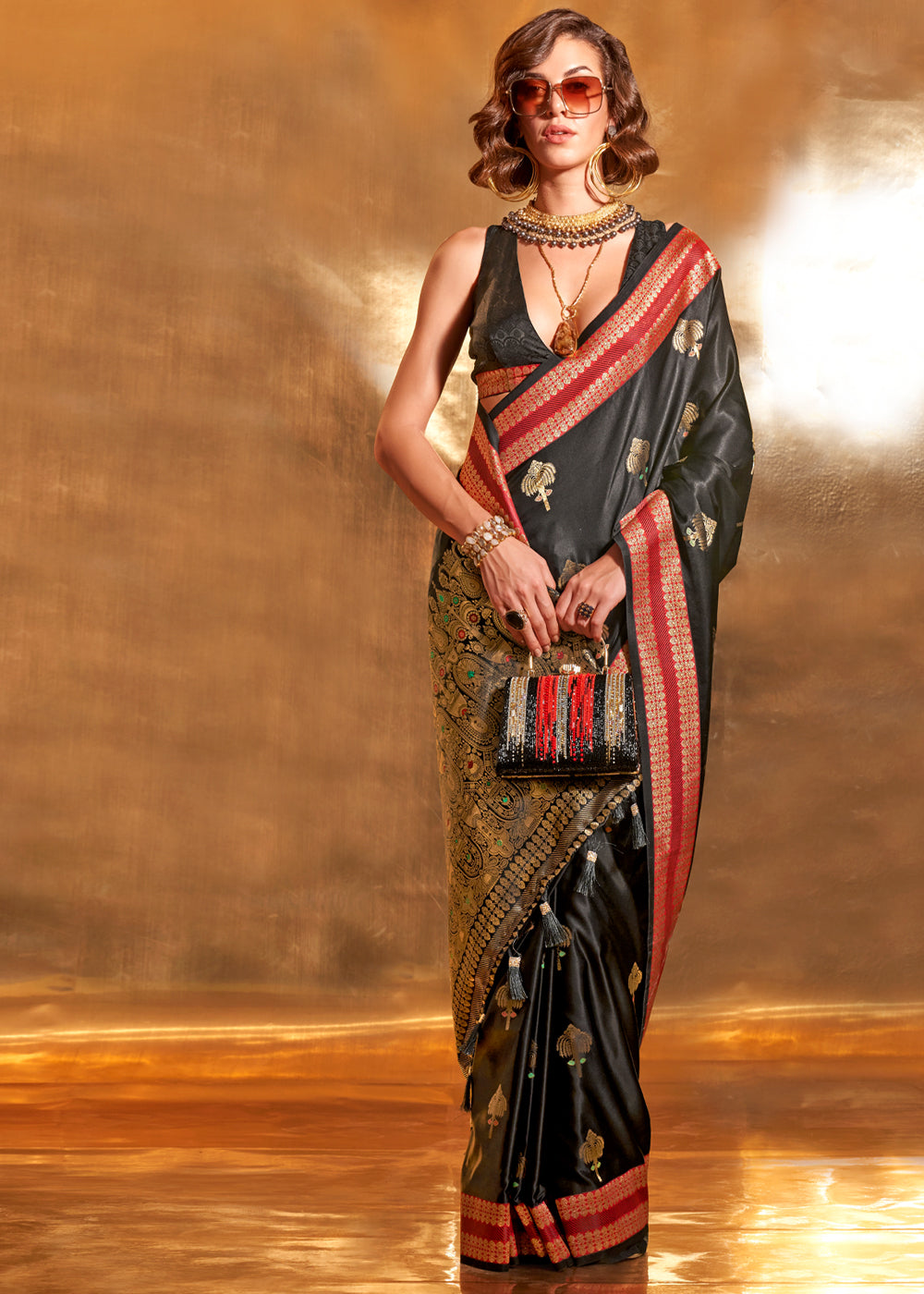 Black Elegant Satin Silk Saree – Luxurious Drape for Every Occasion