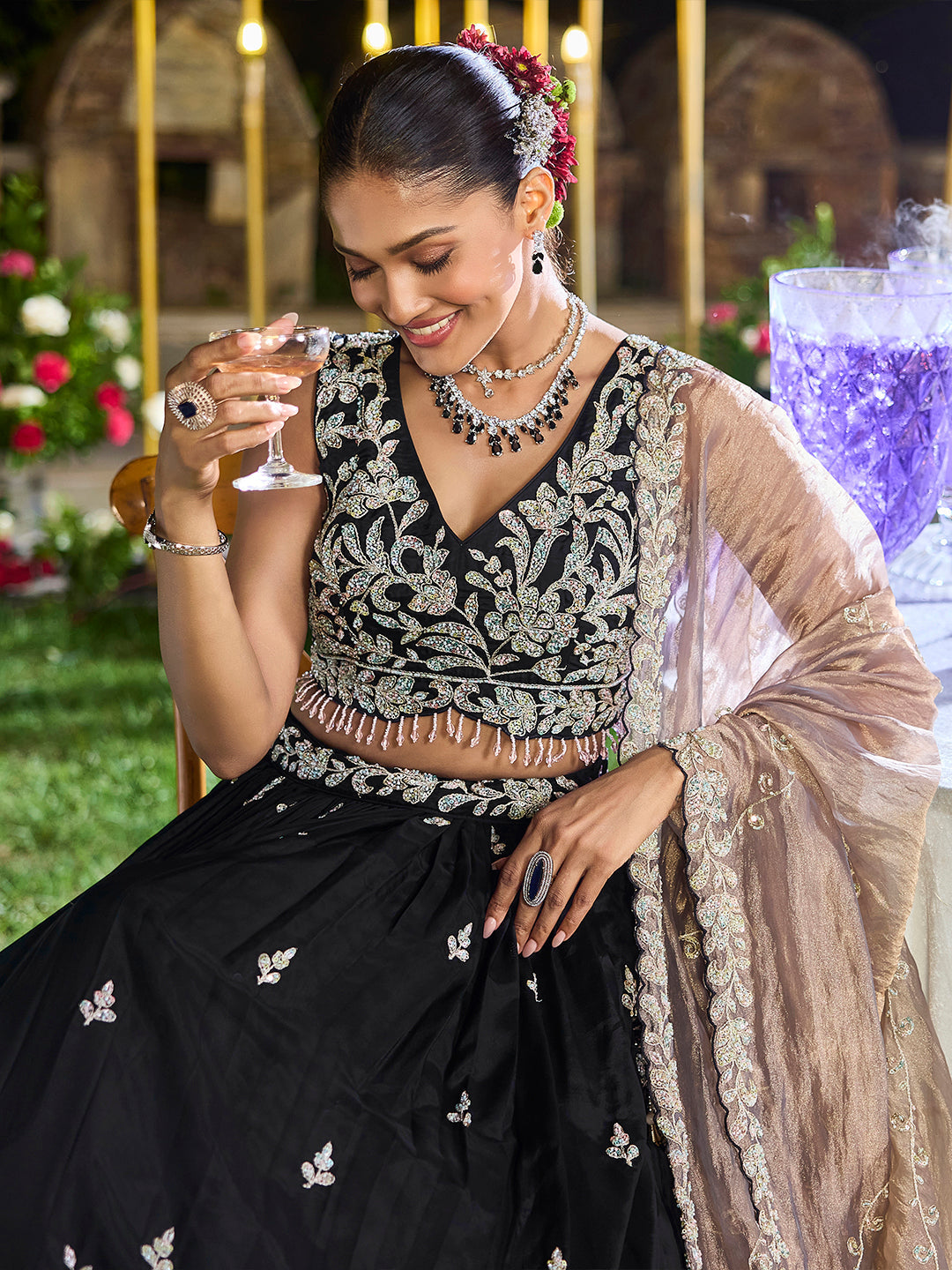 Black Elegant Satin Silk Sequin Embroidered Lehenga Choli with Dupatta – 3.5 Meter Flair, Fully Stitched