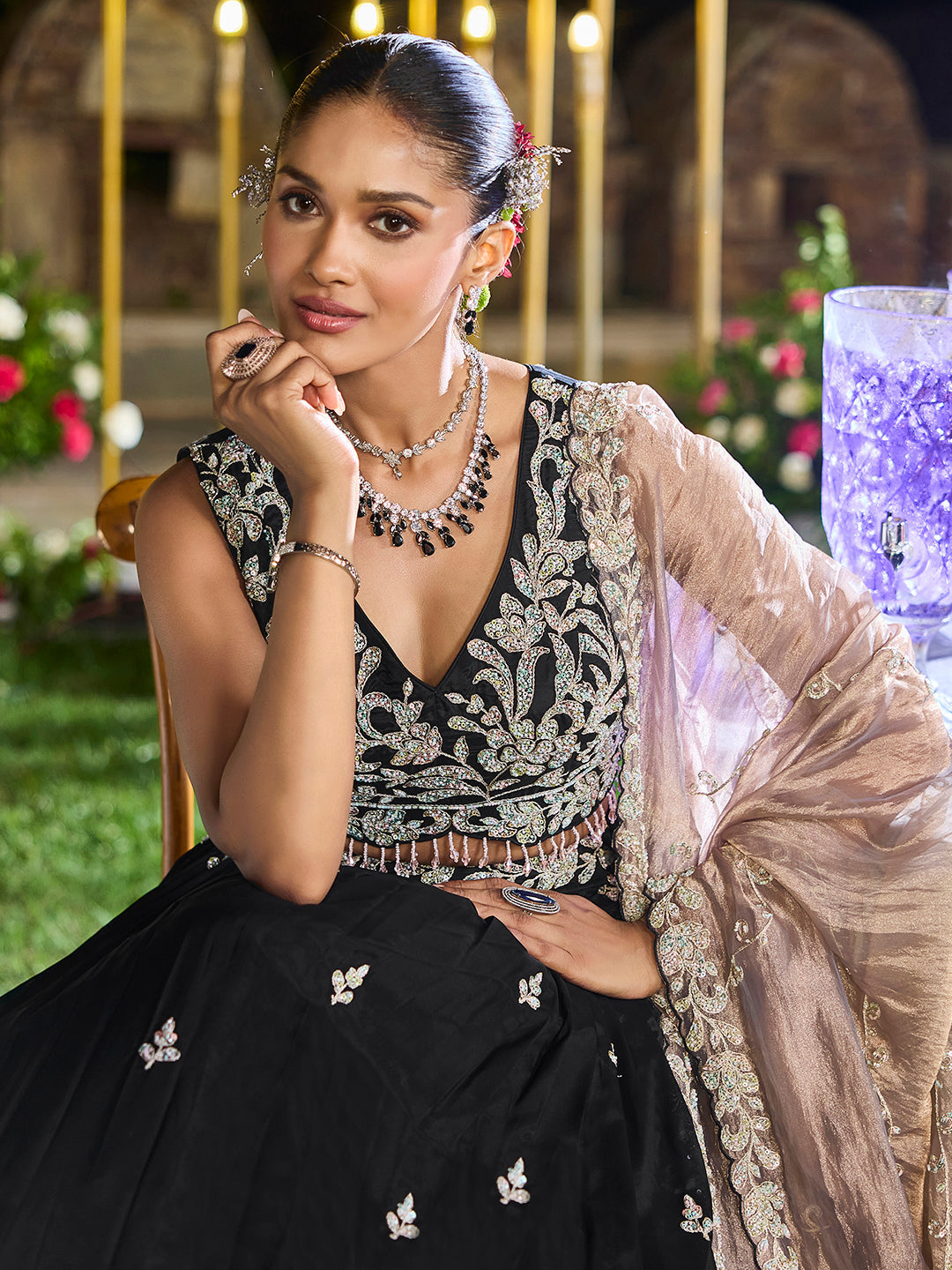 Black Elegant Satin Silk Sequin Embroidered Lehenga Choli with Dupatta – 3.5 Meter Flair, Fully Stitched
