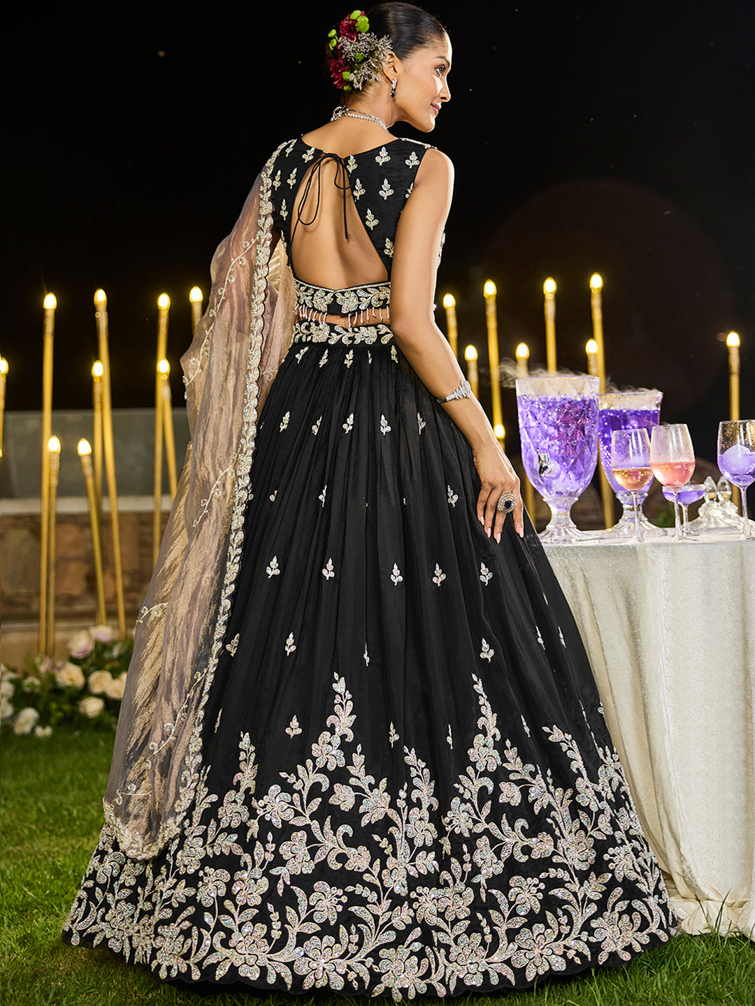 Black Elegant Satin Silk Sequin Embroidered Lehenga Choli with Dupatta – 3.5 Meter Flair, Fully Stitched