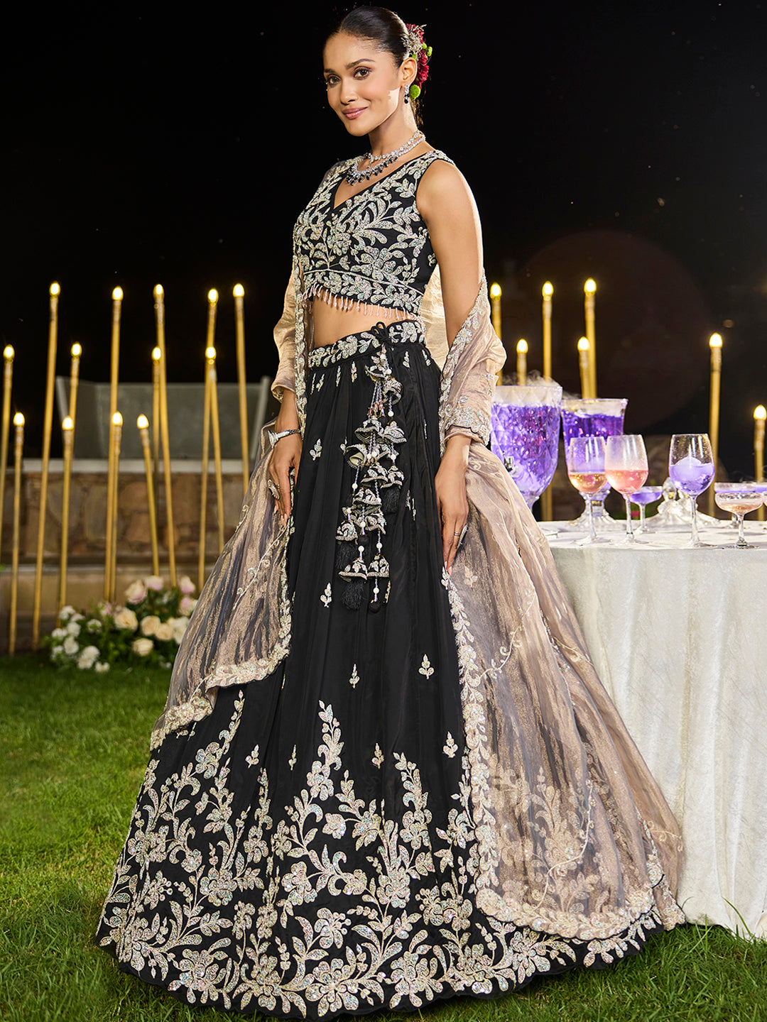 Black Elegant Satin Silk Sequin Embroidered Lehenga Choli with Dupatta – 3.5 Meter Flair, Fully Stitched
