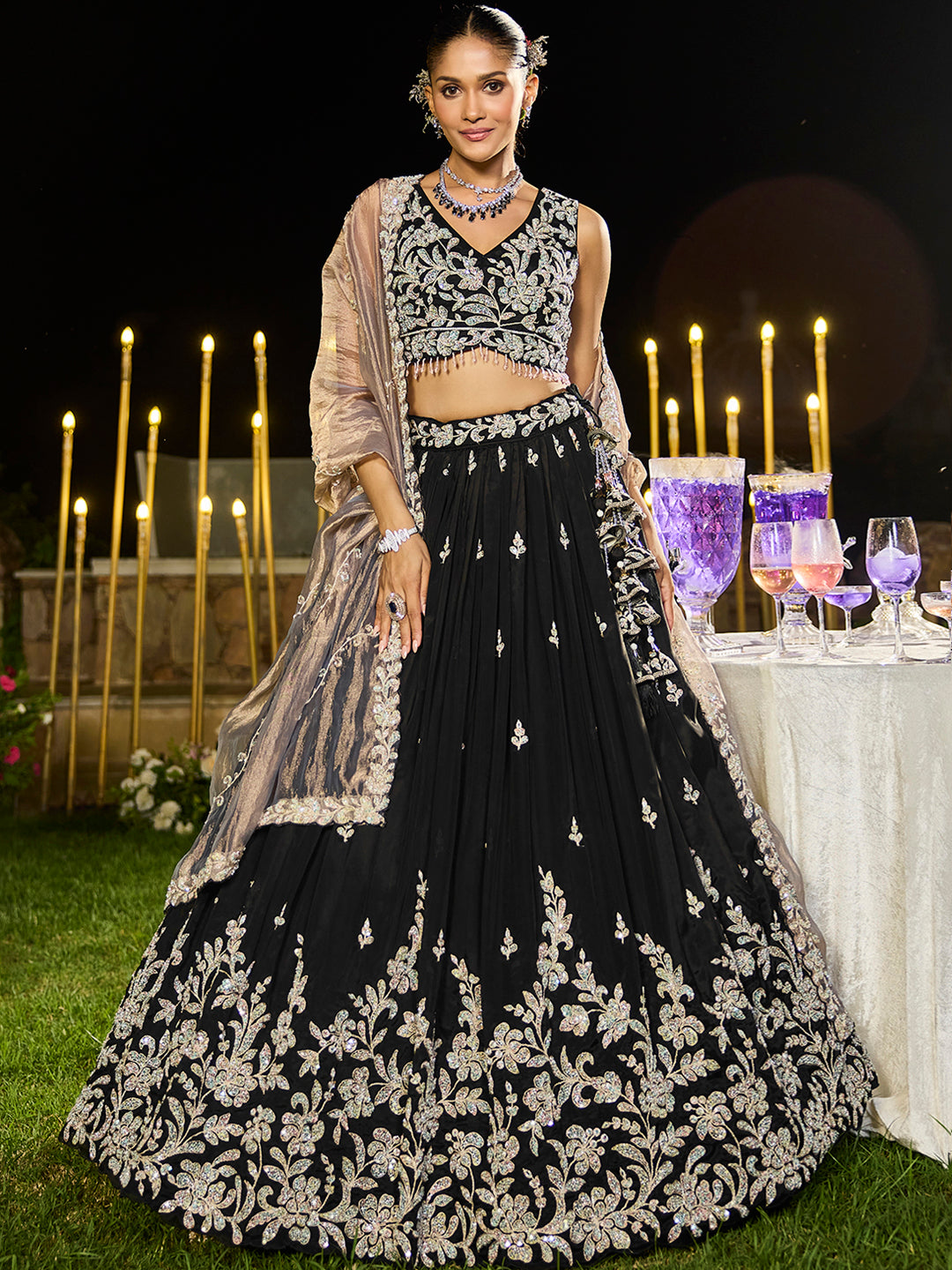 Black Elegant Satin Silk Sequin Embroidered Lehenga Choli with Dupatta – 3.5 Meter Flair, Fully Stitched