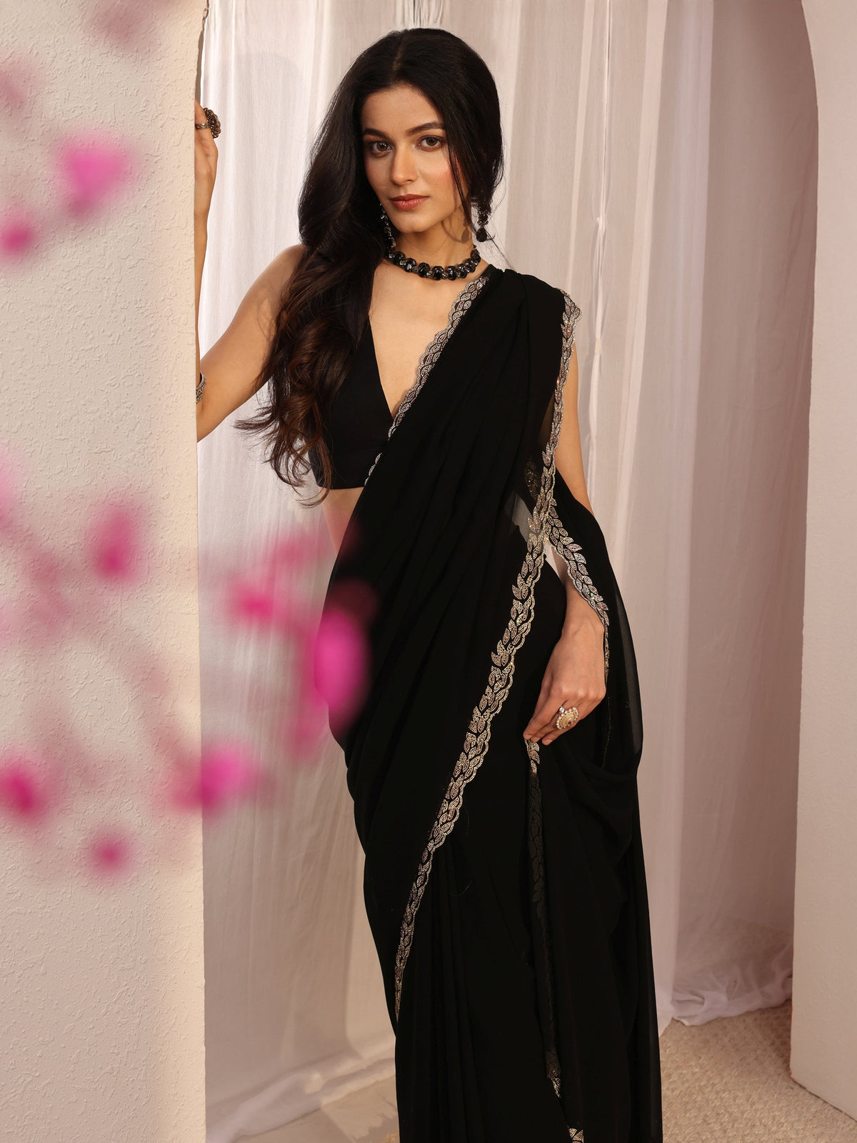 Anouk Black Embellished Georgette Saree With Unstiched Blouse Piece