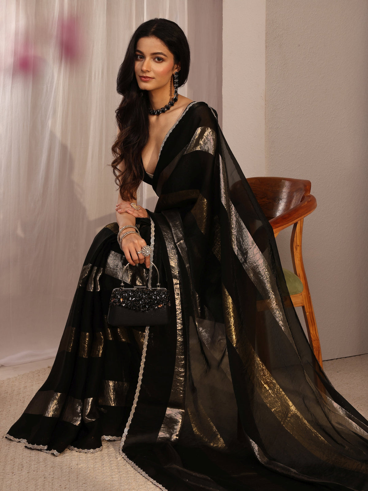 Anouk Black Embellished Tissue Saree With Unstiched Blouse Piece