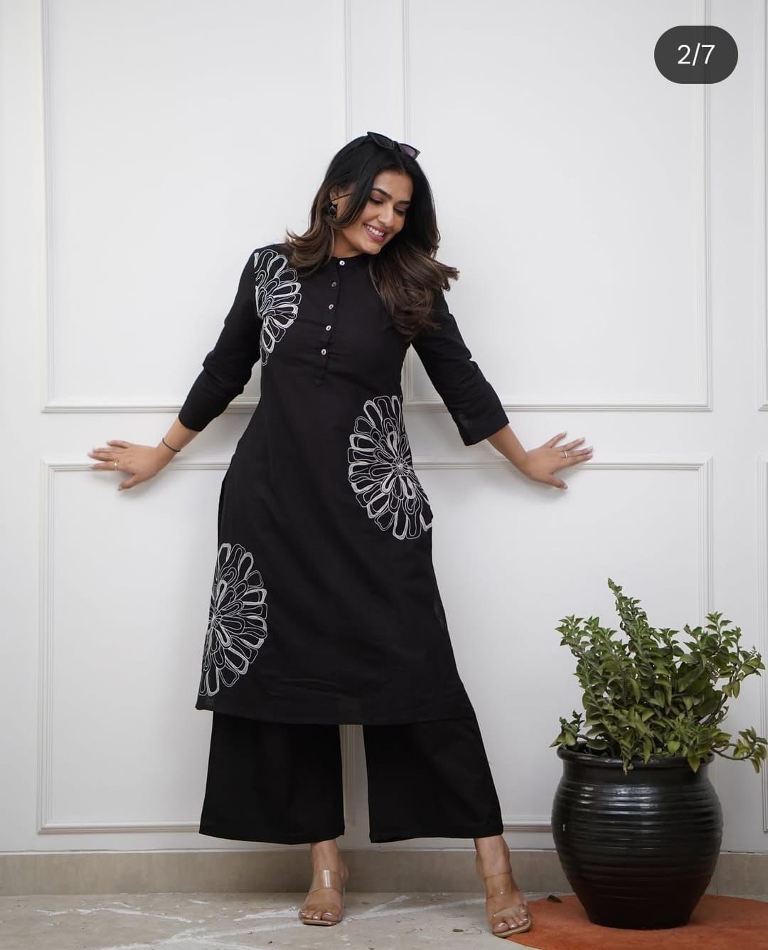 Black Embroidered Cotton Kurti Pant Set with 3/4 Sleeves