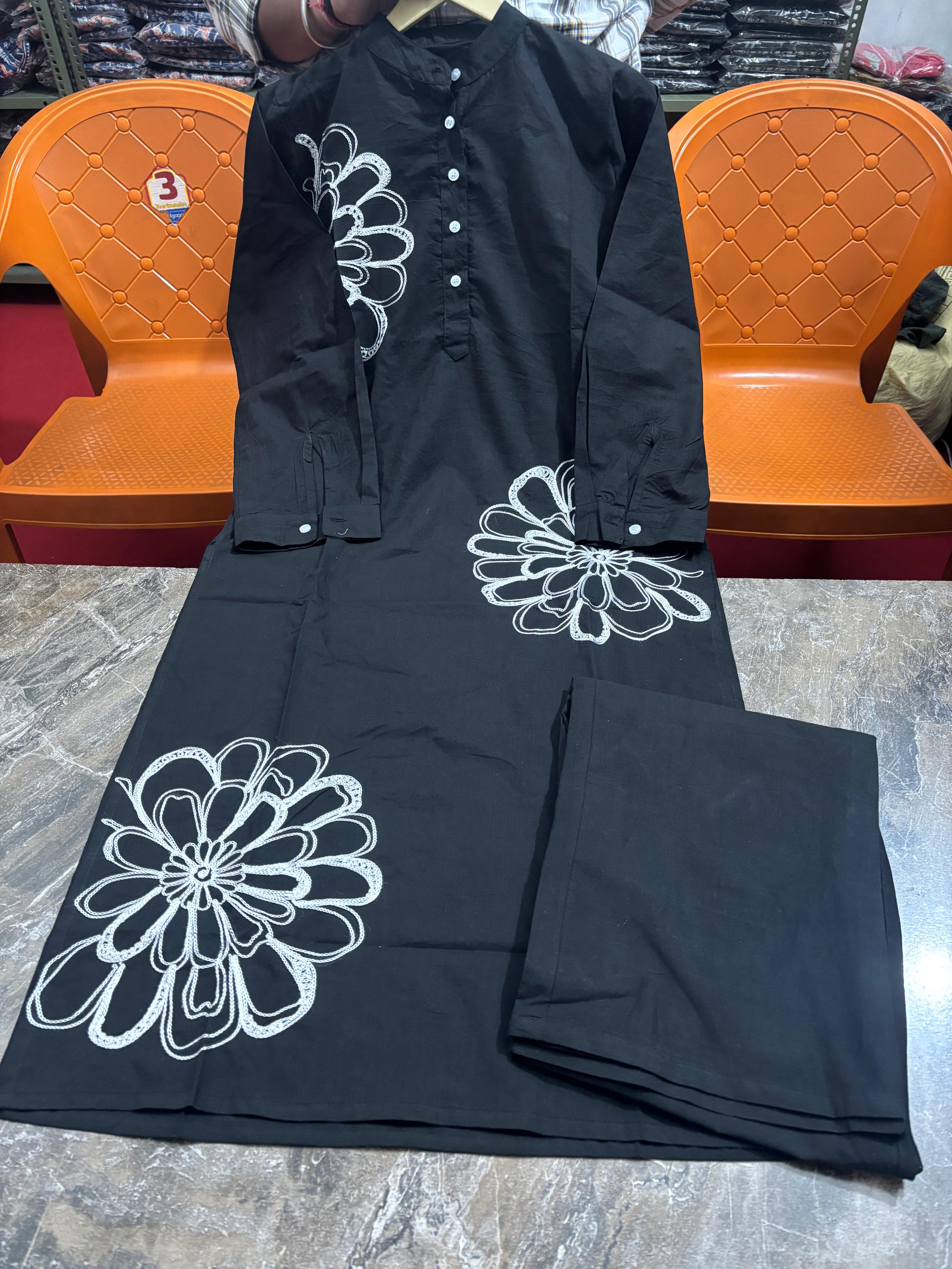 Black Embroidered Cotton Kurti Pant Set with 3/4 Sleeves