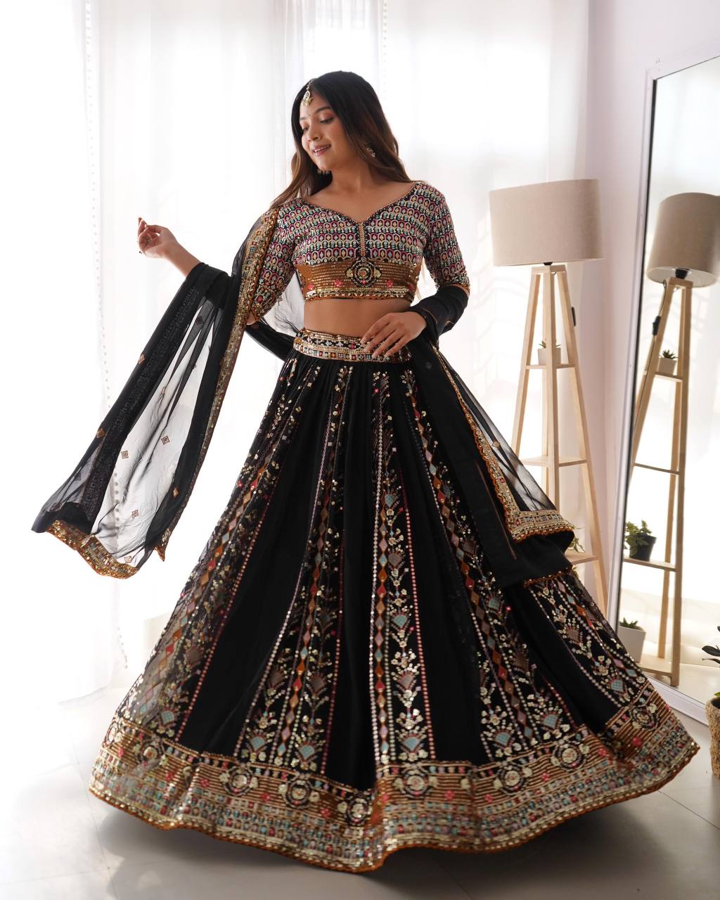 Black Embroidered Faux Georgette Lehenga Choli Set with Sequin Detailing & Dupatta