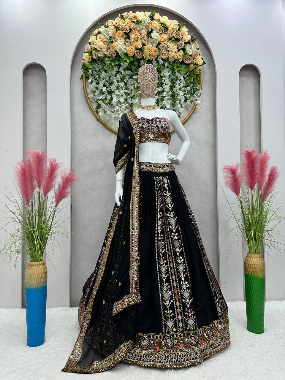 Black Embroidered Faux Georgette Lehenga Choli Set with Sequin Detailing & Dupatta