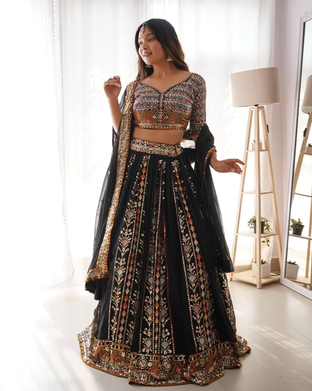 Black Embroidered Faux Georgette Lehenga Choli Set with Sequin Detailing & Dupatta