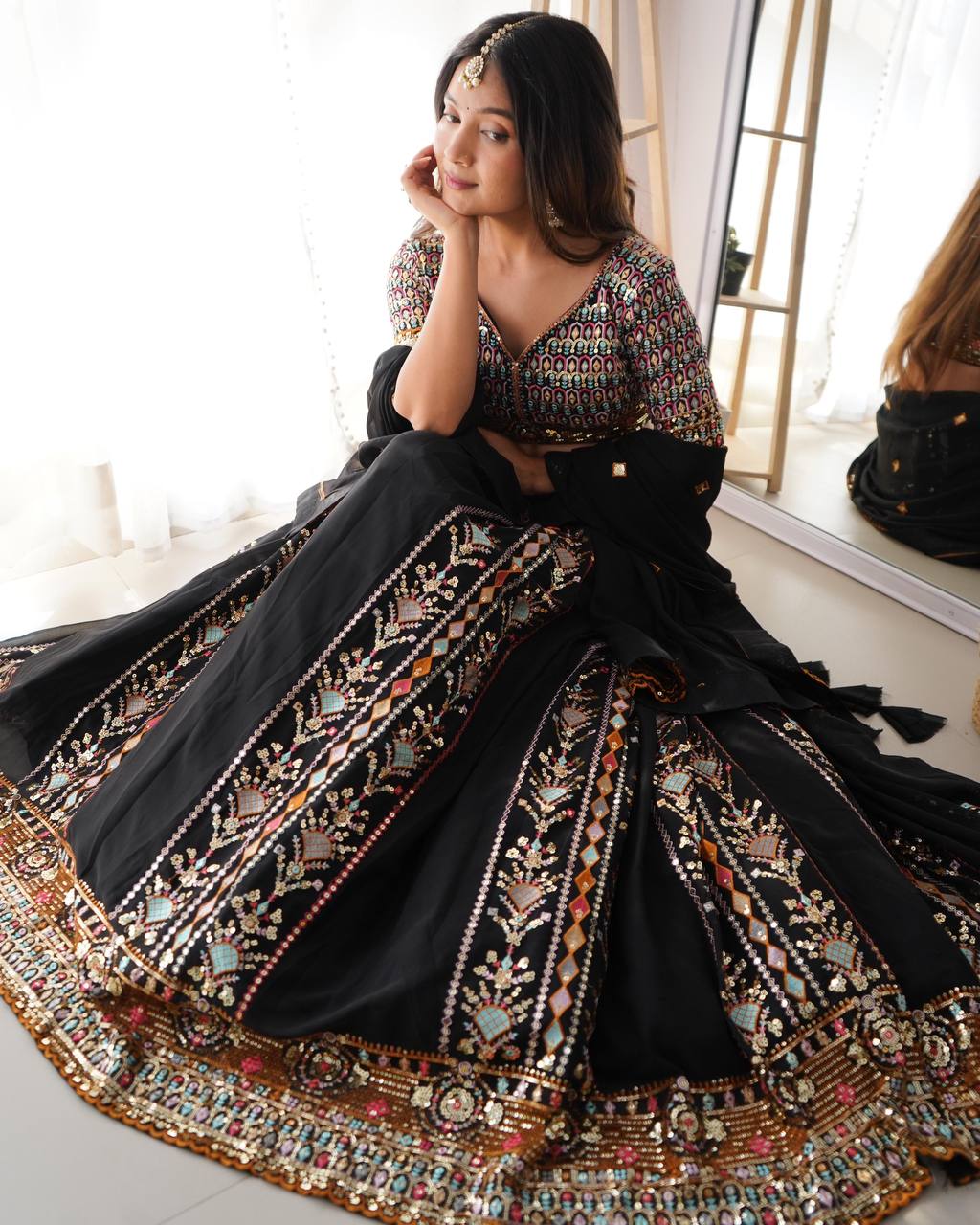Black Embroidered Faux Georgette Lehenga Choli Set with Sequin Detailing & Dupatta