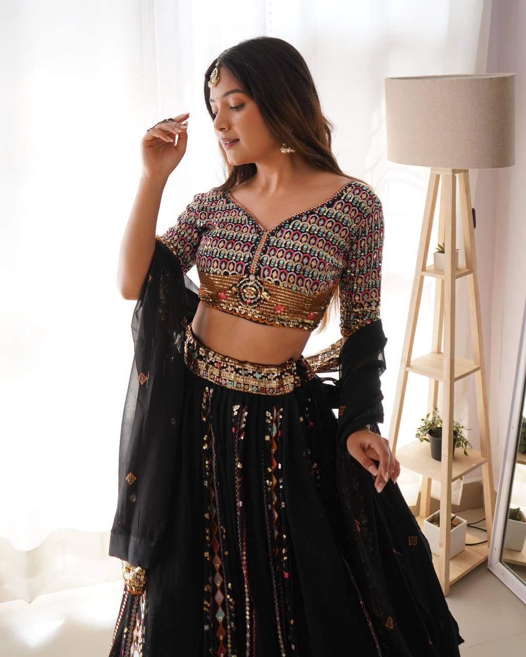 Black Embroidered Faux Georgette Lehenga Choli Set with Sequin Detailing & Dupatta
