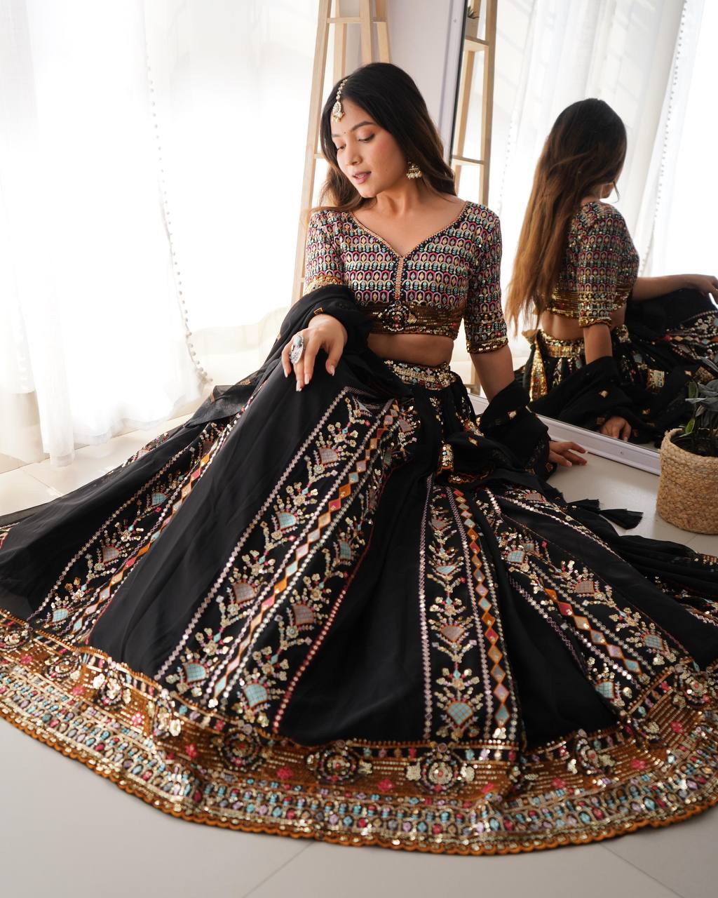 Black Embroidered Faux Georgette Lehenga Choli Set with Sequin Detailing & Dupatta