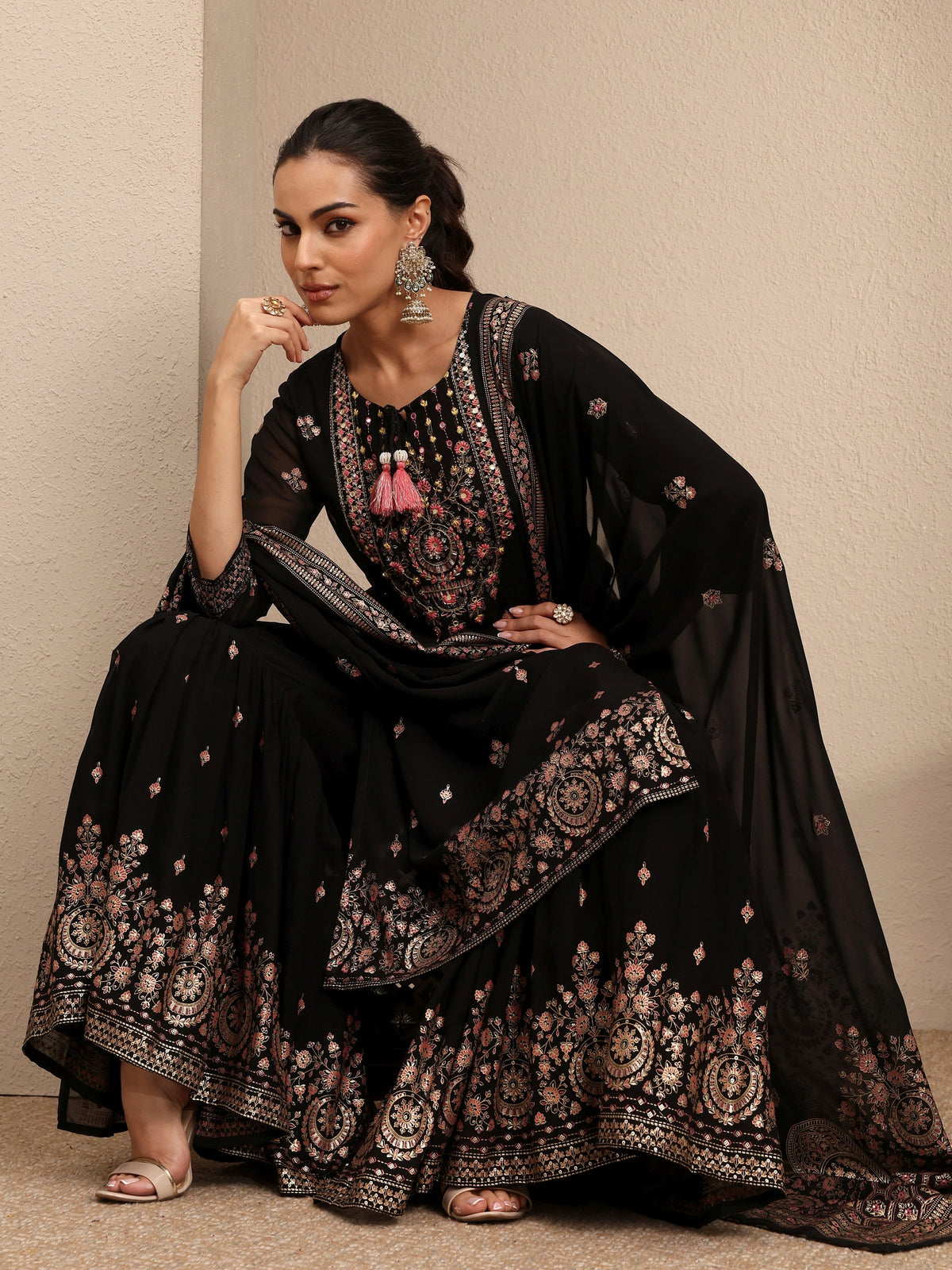 Anouk Black Embroidered Georgette Straight Sharara Suit Set With Dupatta