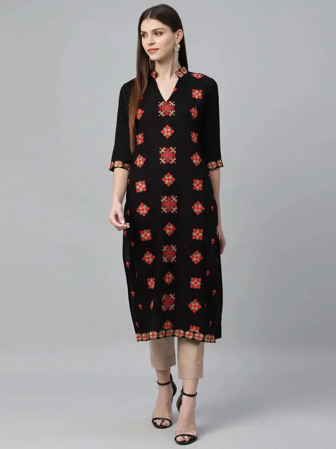 Anouk Black Embroidered Rayon Kurta