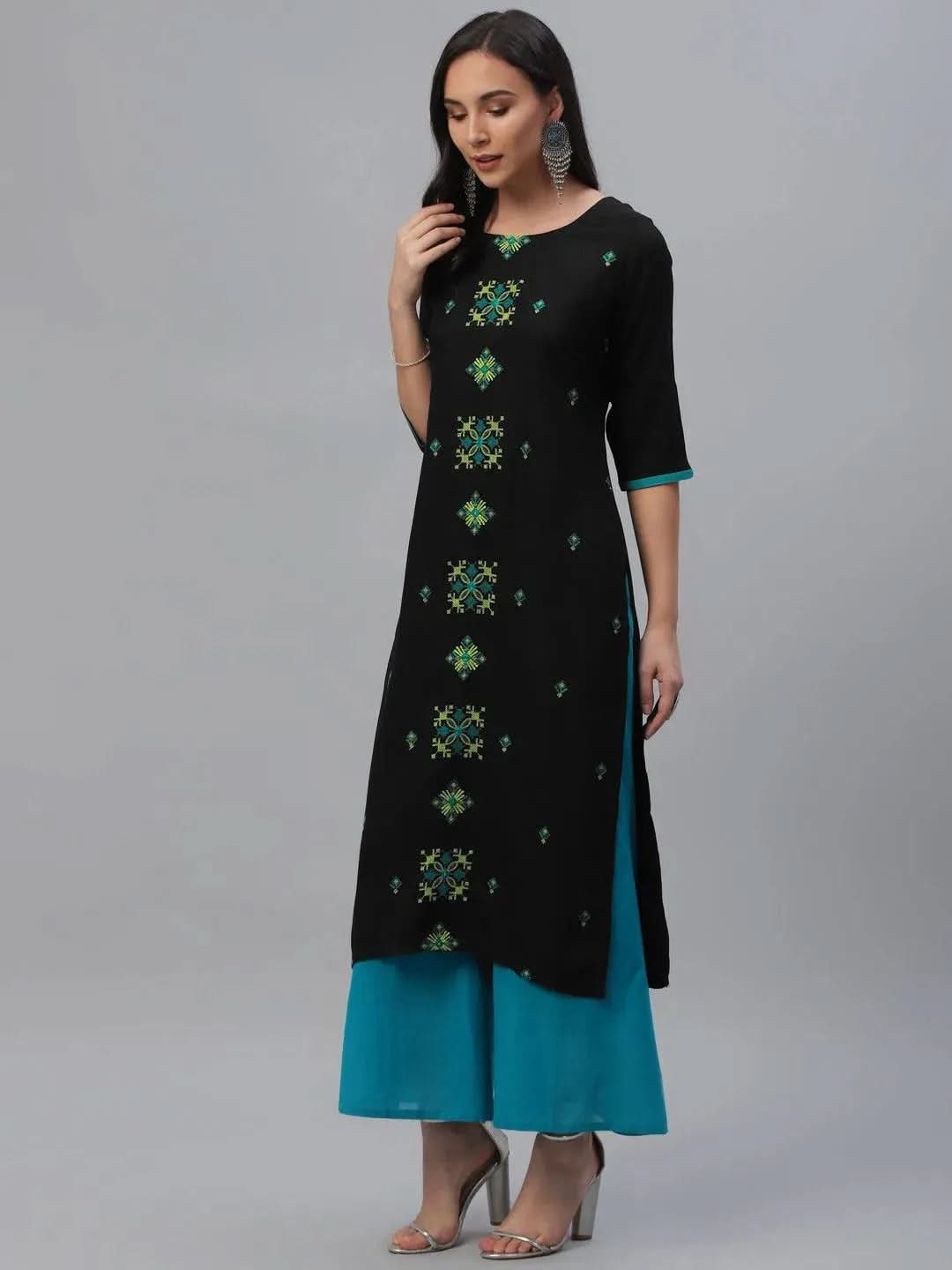 Anouk Black Embroidered Rayon Kurta