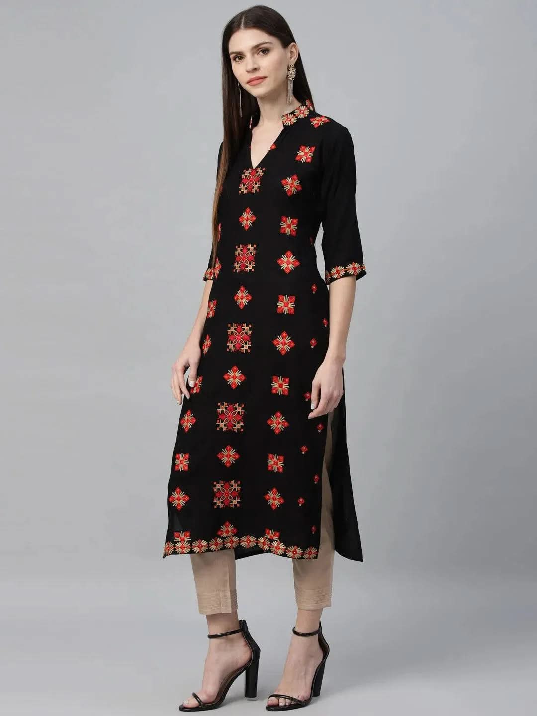 Anouk Black Embroidered Rayon Kurta