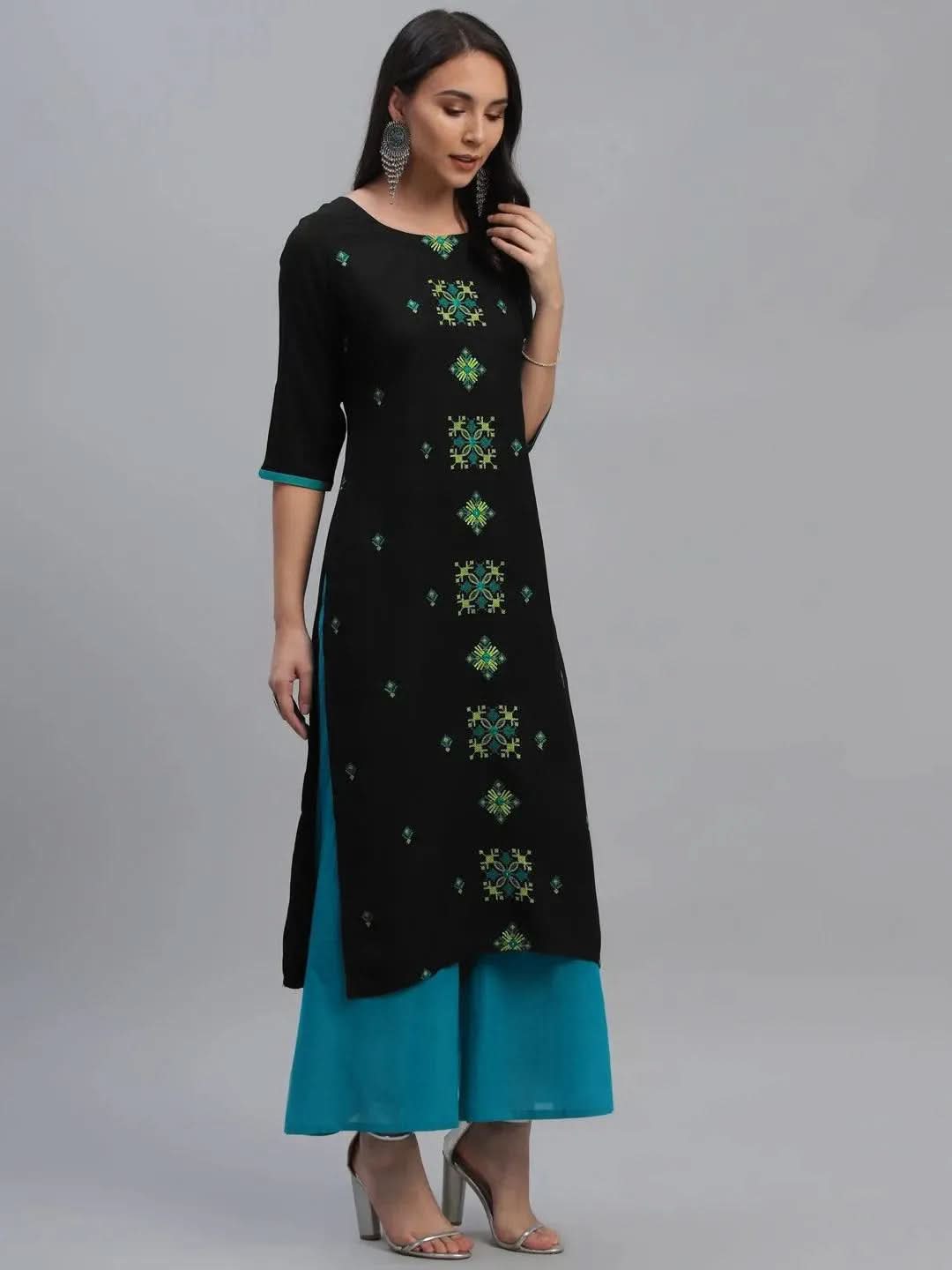 Anouk Black Embroidered Rayon Kurta