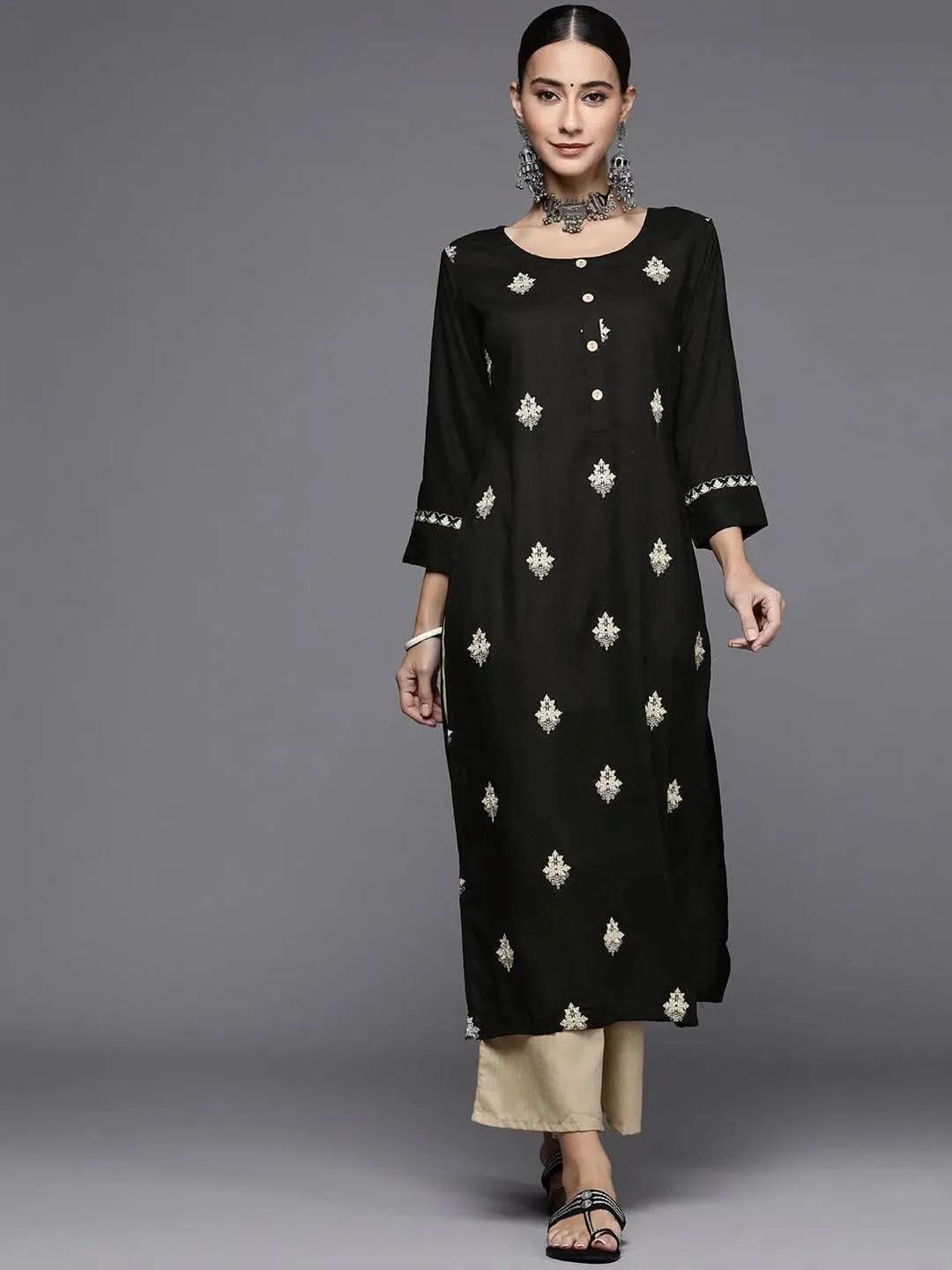 Anouk Black Embroidered Rayon Straight Kurta With Palazzos